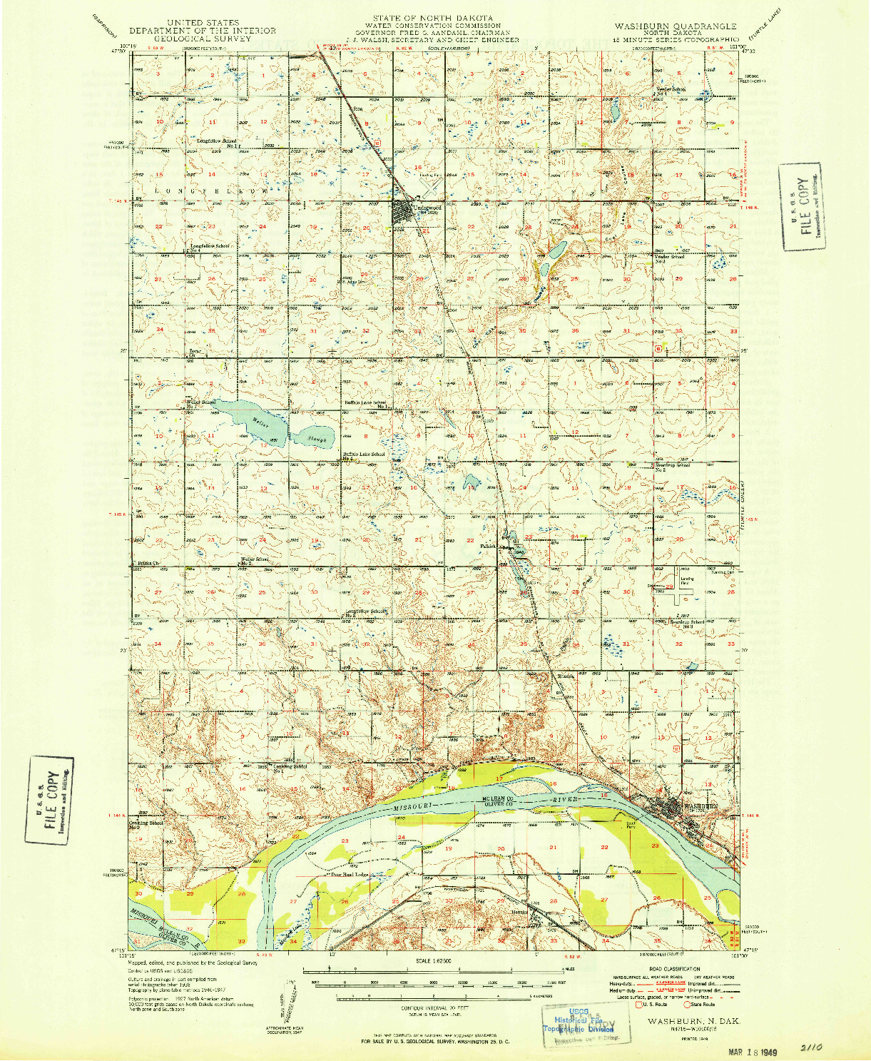 USGS 1:62500-SCALE QUADRANGLE FOR WASHBURN, ND 1949