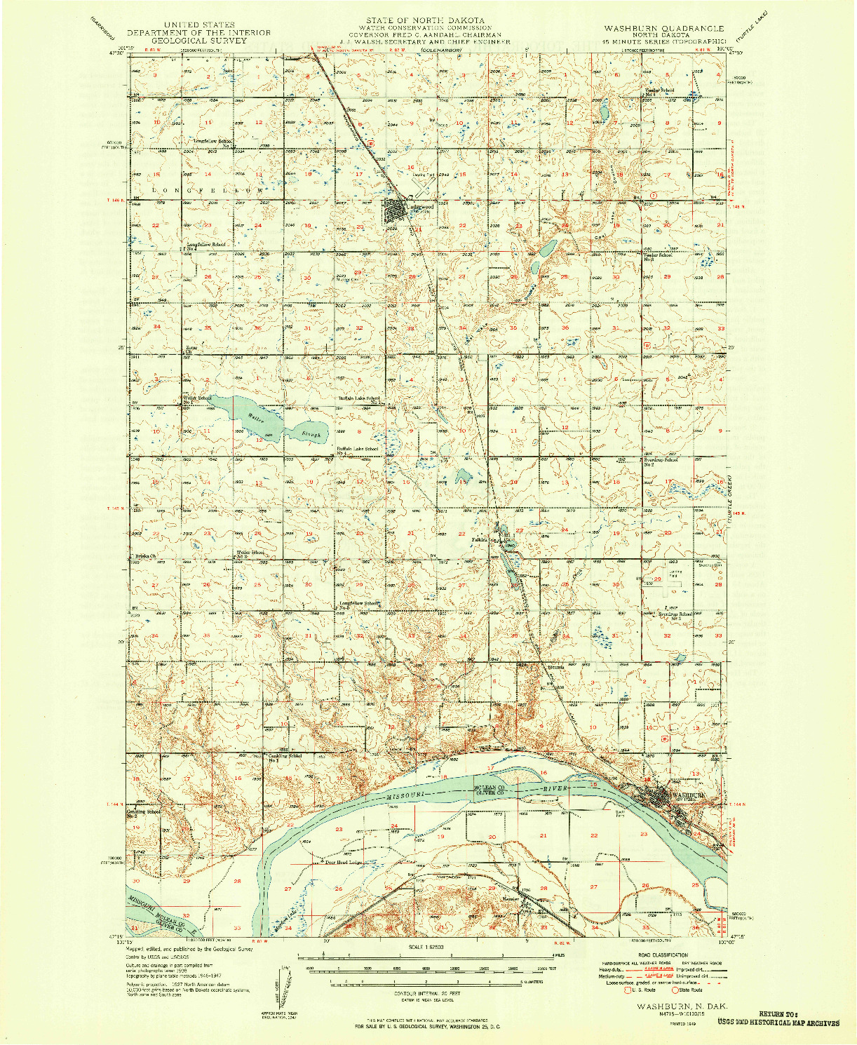 USGS 1:62500-SCALE QUADRANGLE FOR WASHBURN, ND 1949