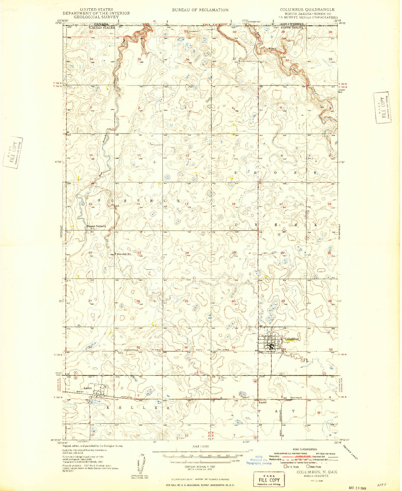 USGS 1:24000-SCALE QUADRANGLE FOR COLUMBUS, ND 1949