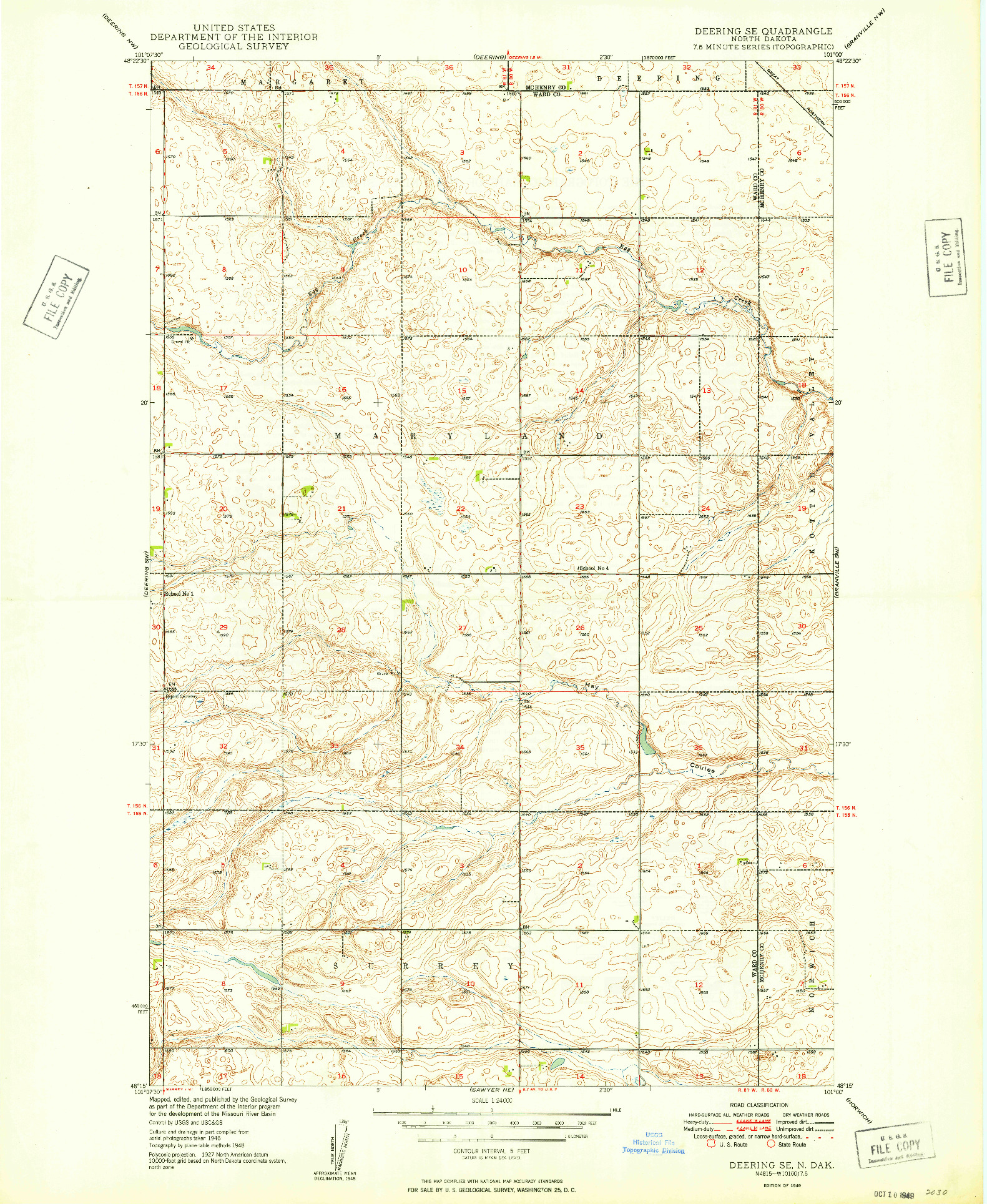 USGS 1:24000-SCALE QUADRANGLE FOR DEERING SE, ND 1949