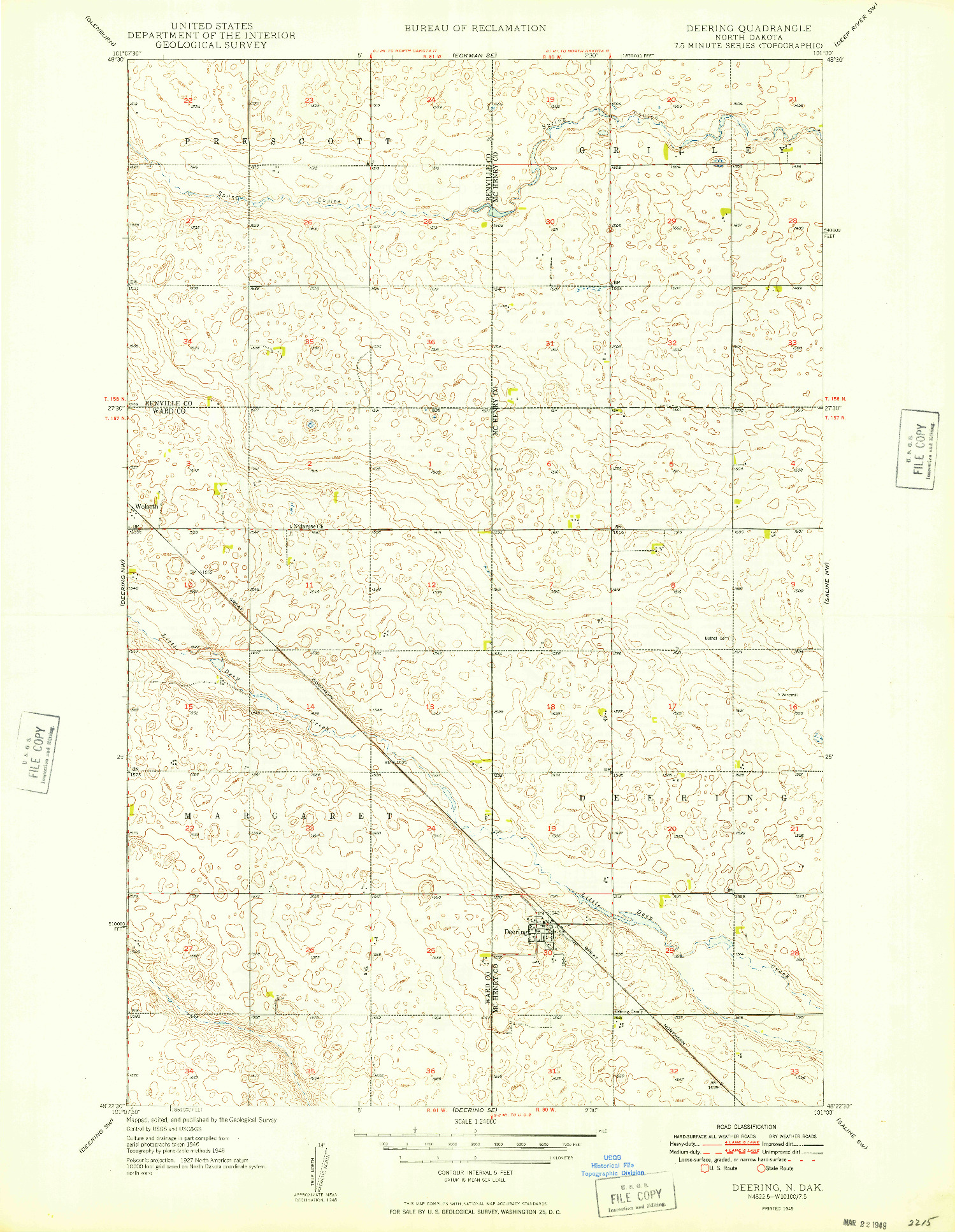 USGS 1:24000-SCALE QUADRANGLE FOR DEERING, ND 1949