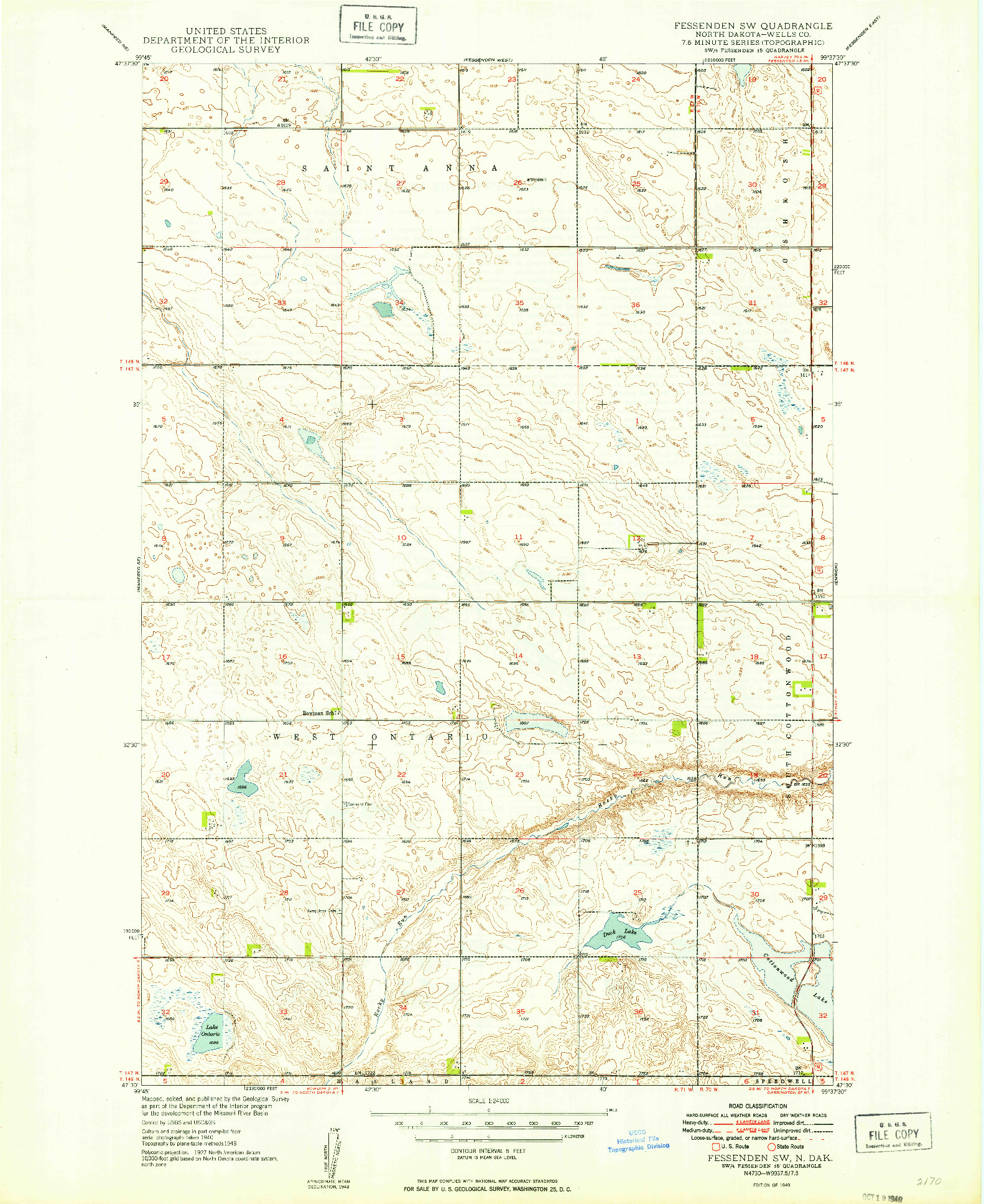 USGS 1:24000-SCALE QUADRANGLE FOR FESSENDEN SW, ND 1949