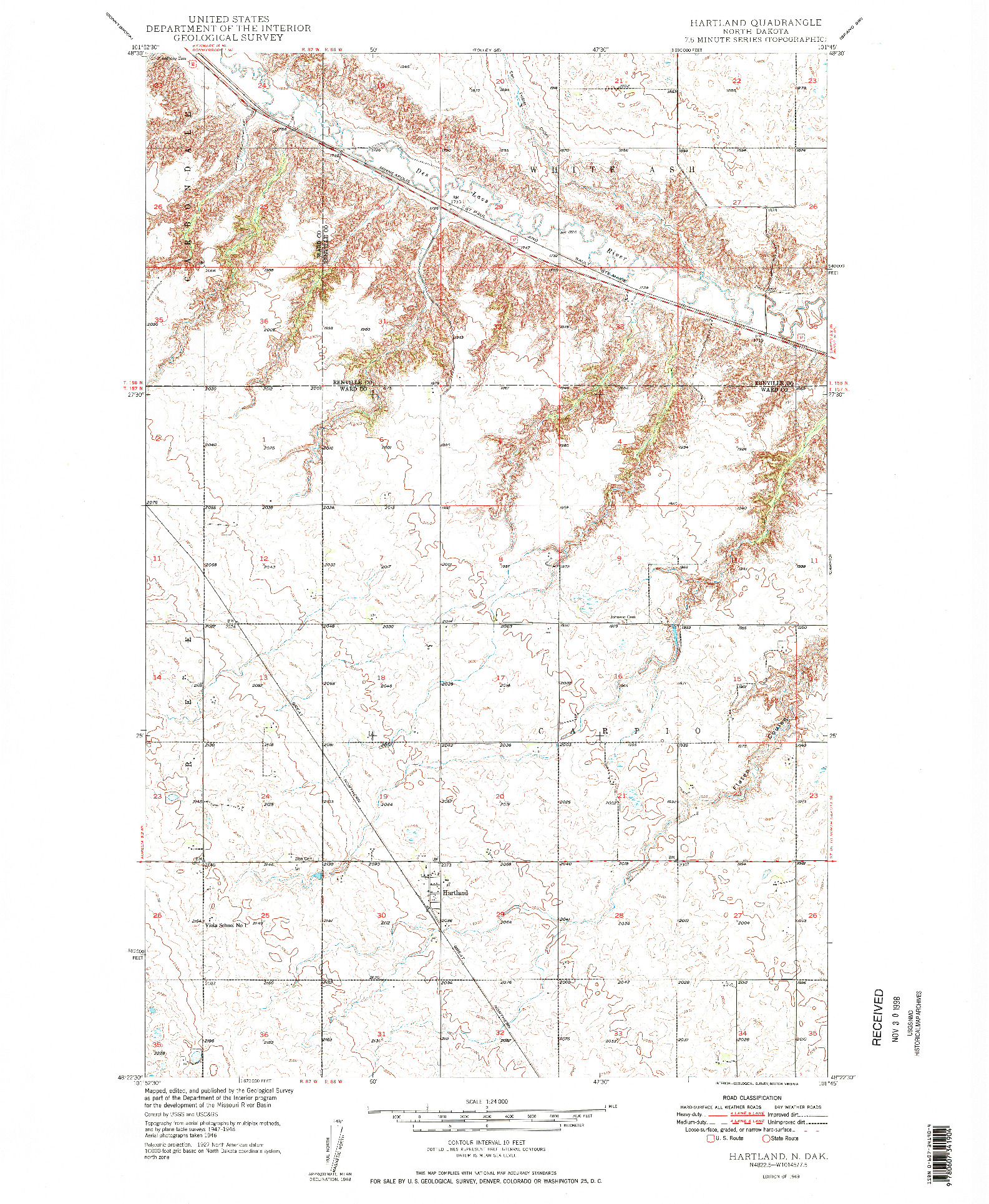 USGS 1:24000-SCALE QUADRANGLE FOR HARTLAND, ND 1949