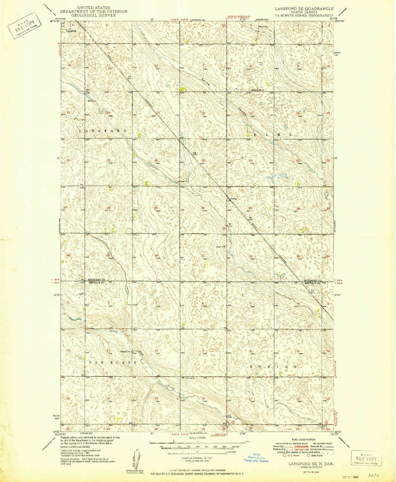 USGS 1:24000-SCALE QUADRANGLE FOR LANSFORD SE, ND 1949