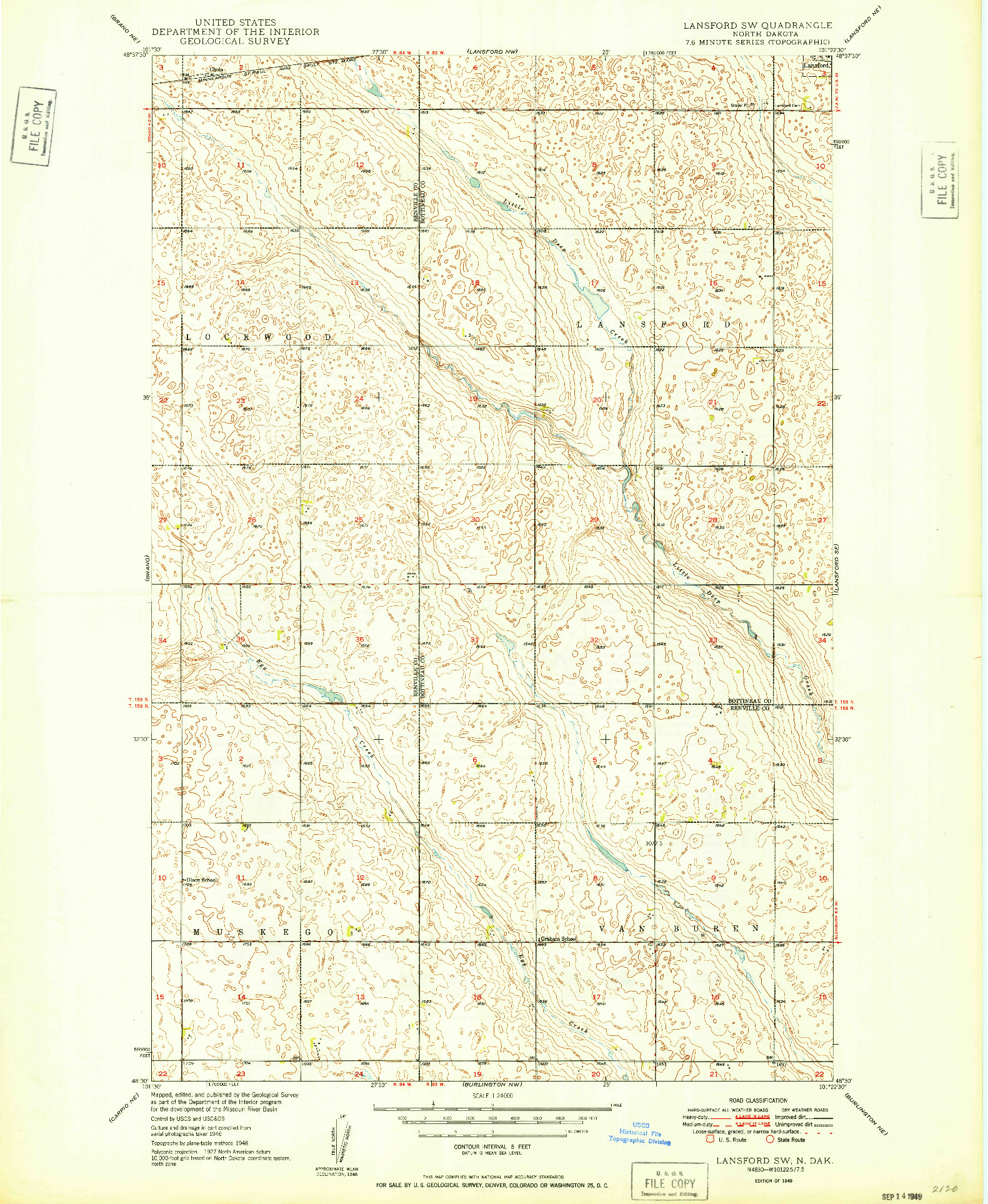USGS 1:24000-SCALE QUADRANGLE FOR LANSFORD SW, ND 1949