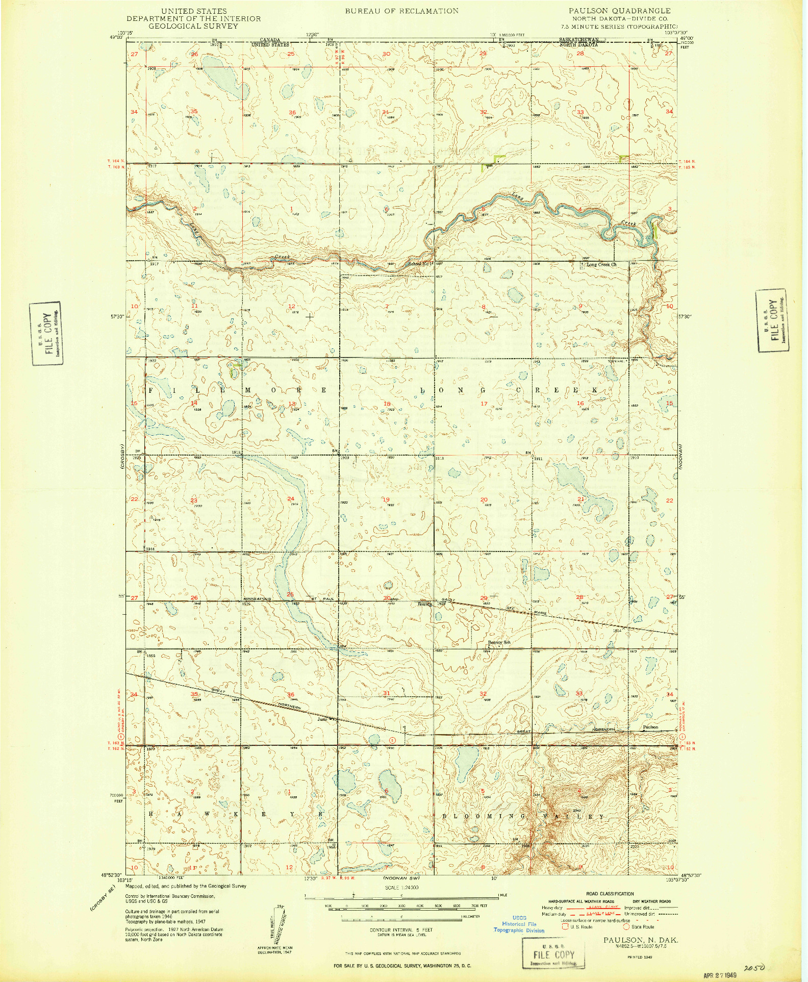 USGS 1:24000-SCALE QUADRANGLE FOR PAULSON, ND 1949