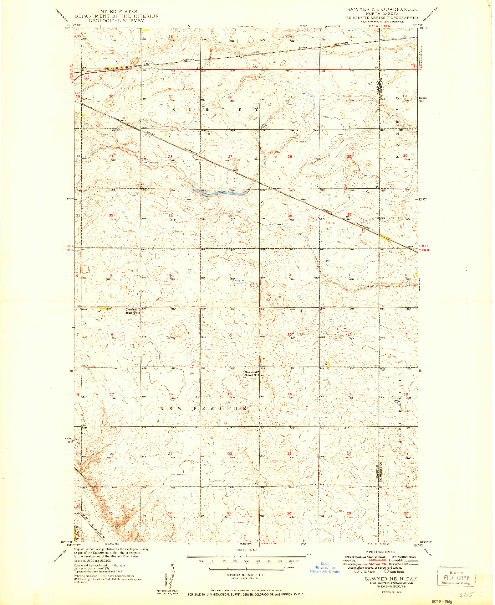 USGS 1:24000-SCALE QUADRANGLE FOR SAWYER NE, ND 1949