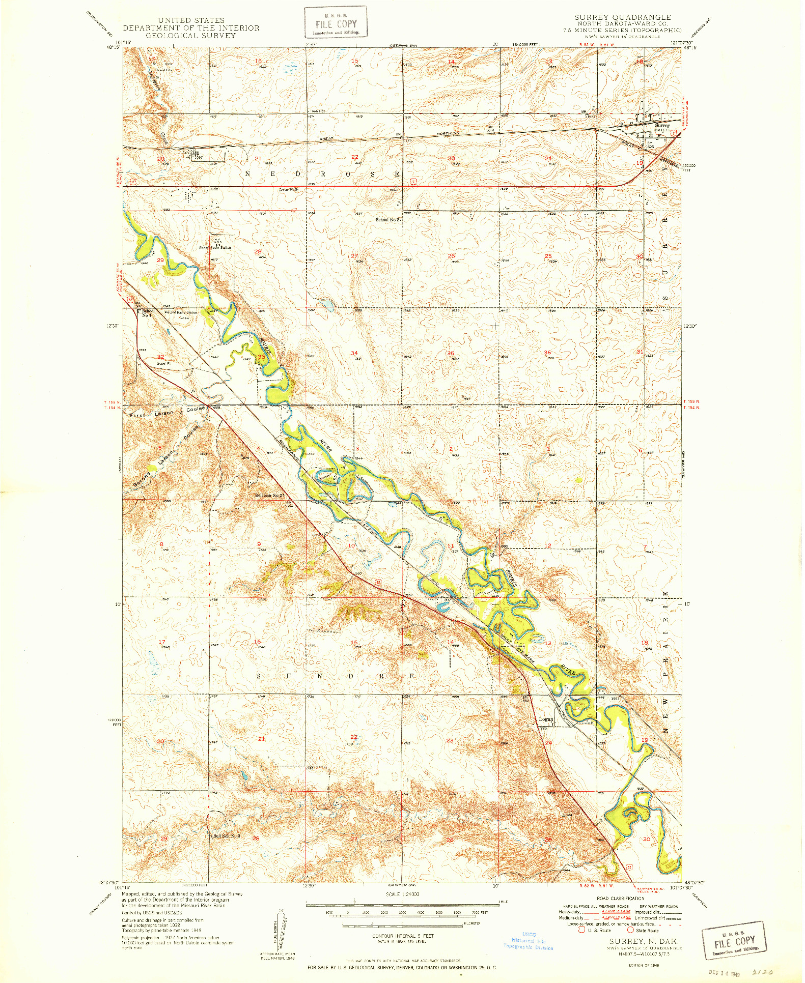USGS 1:24000-SCALE QUADRANGLE FOR SURREY, ND 1949
