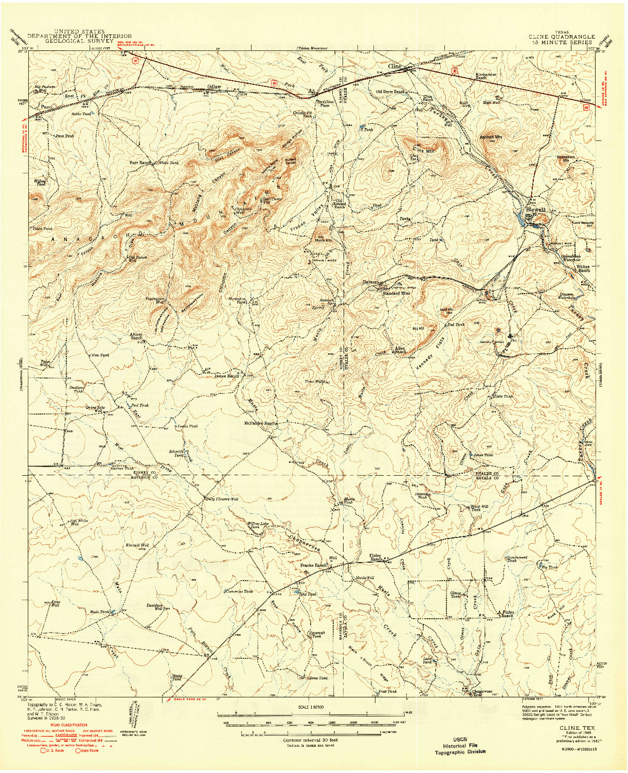 USGS 1:62500-SCALE QUADRANGLE FOR CLINE, TX 1949