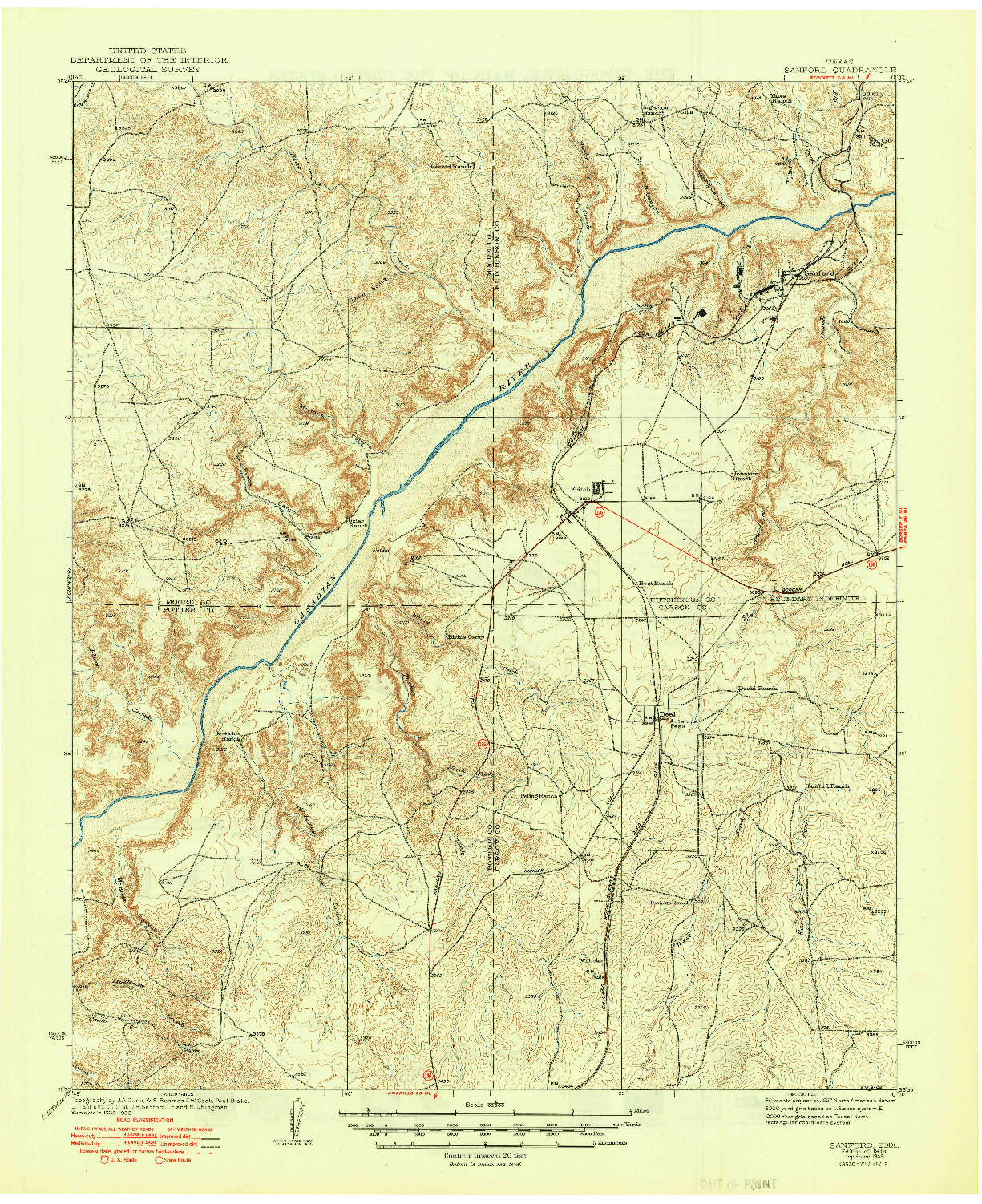 USGS 1:62500-SCALE QUADRANGLE FOR SANFORD, TX 1939