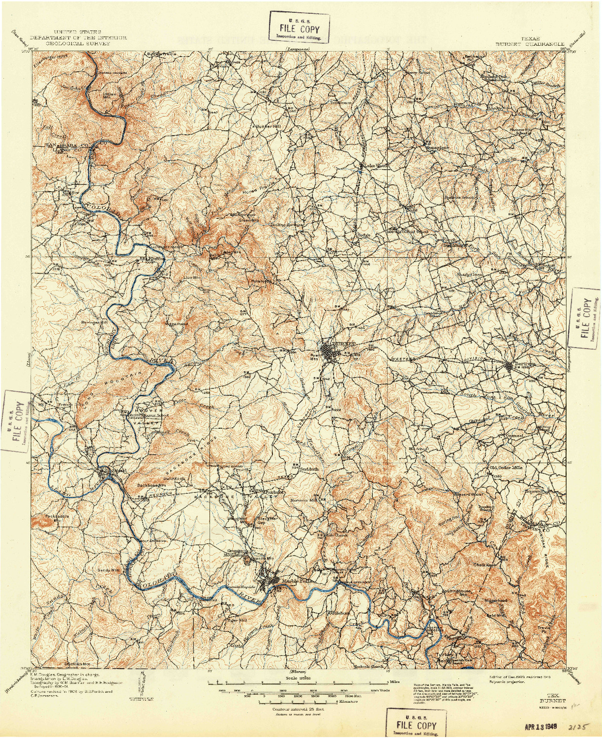 USGS 1:125000-SCALE QUADRANGLE FOR BURNET, TX 1909