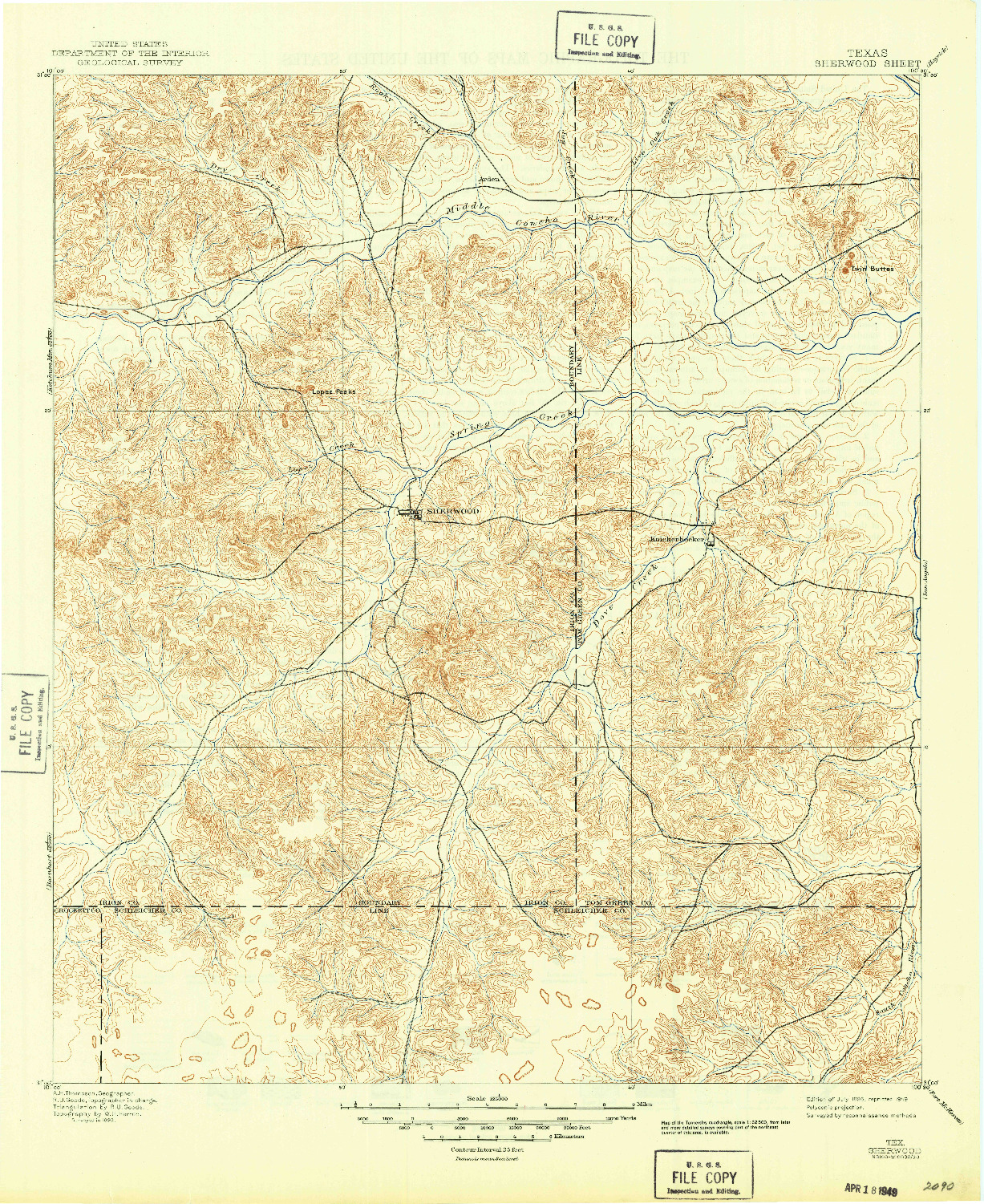 USGS 1:125000-SCALE QUADRANGLE FOR SHERWOOD, TX 1895