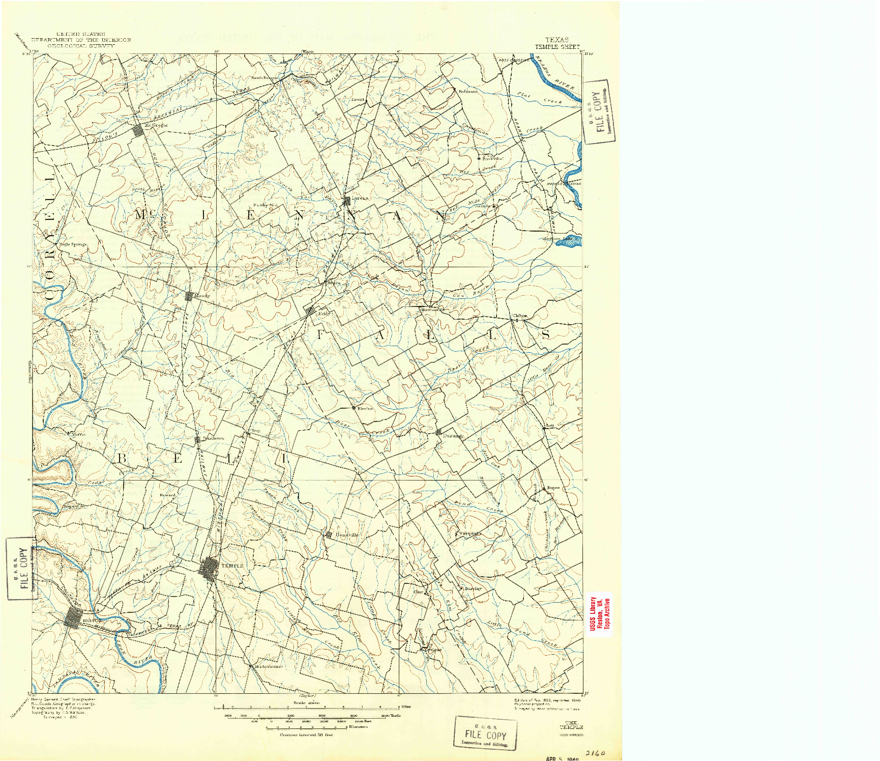 USGS 1:125000-SCALE QUADRANGLE FOR TEMPLE, TX 1892