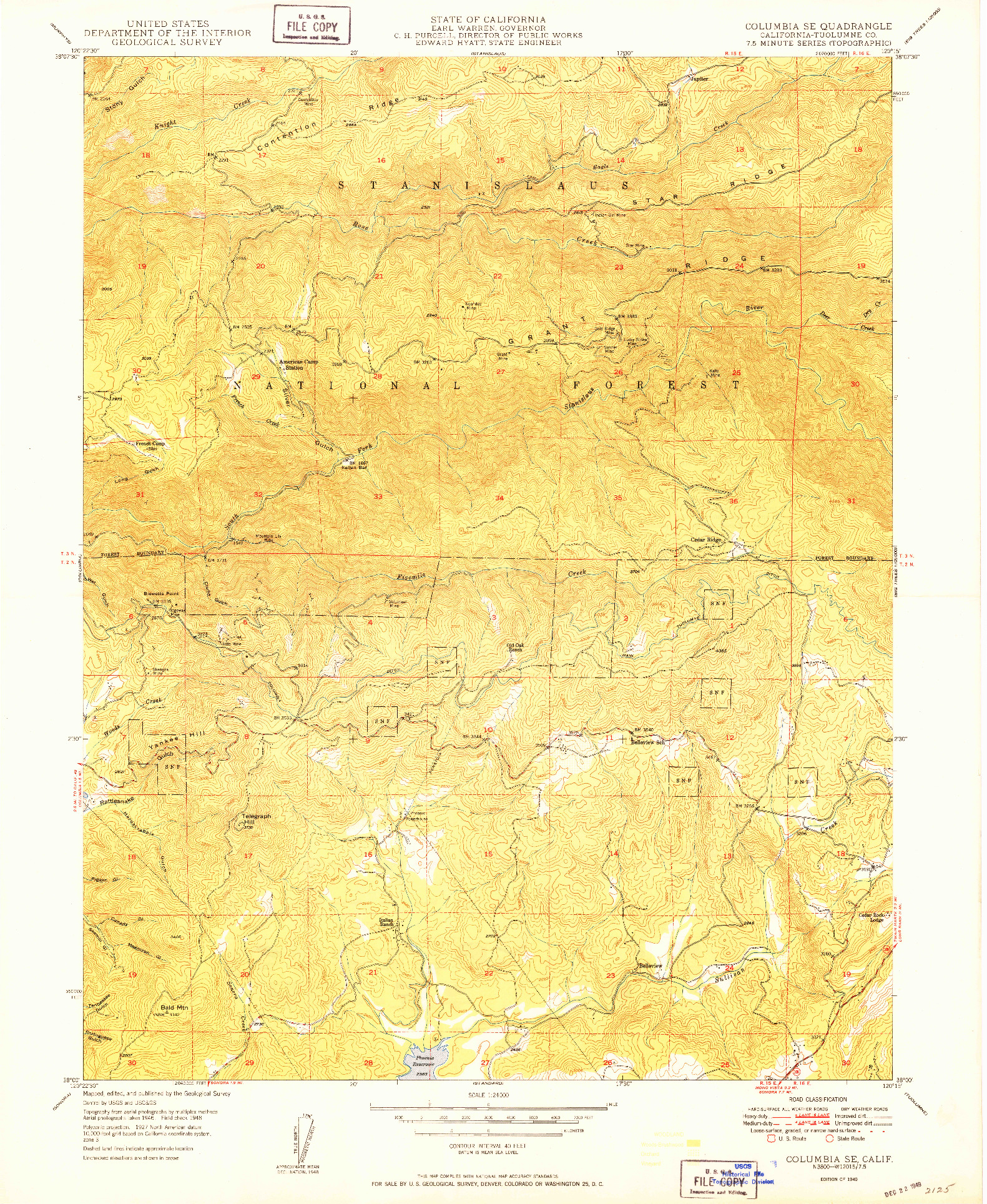 USGS 1:24000-SCALE QUADRANGLE FOR COLUMBIA SE, CA 1949