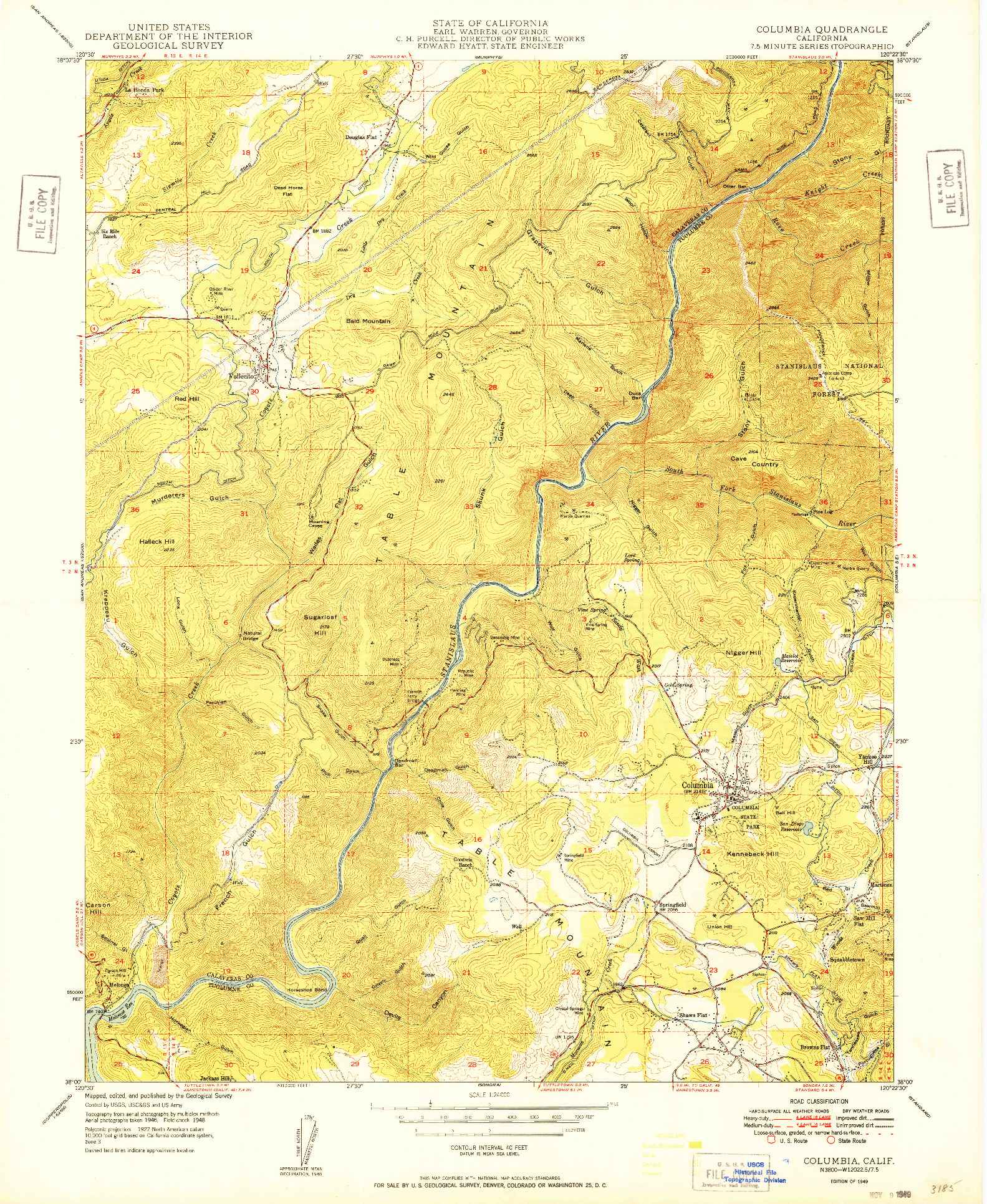 USGS 1:24000-SCALE QUADRANGLE FOR COLUMBIA, CA 1949