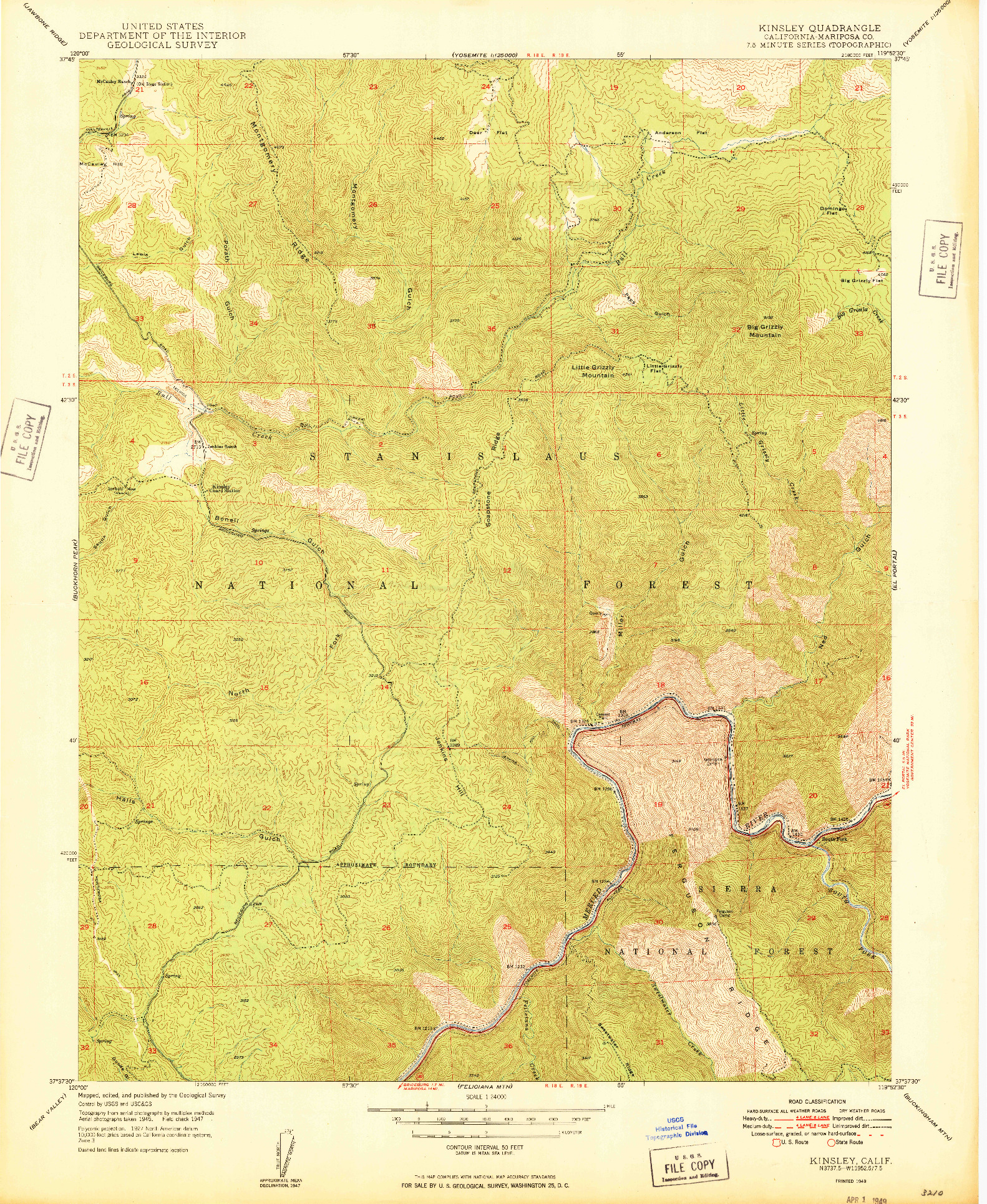USGS 1:24000-SCALE QUADRANGLE FOR KINSLEY, CA 1949