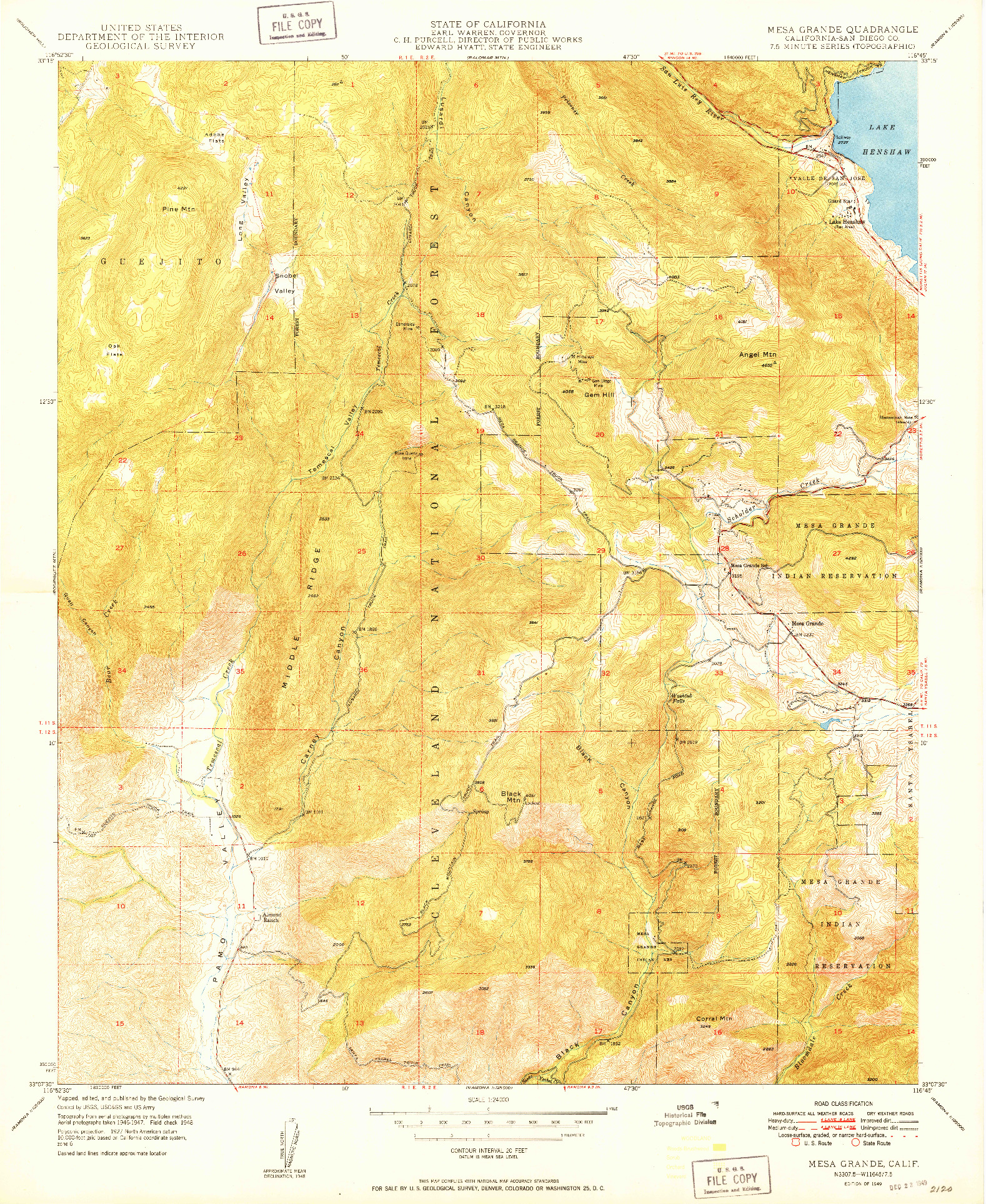 USGS 1:24000-SCALE QUADRANGLE FOR MESA GRANDE, CA 1949