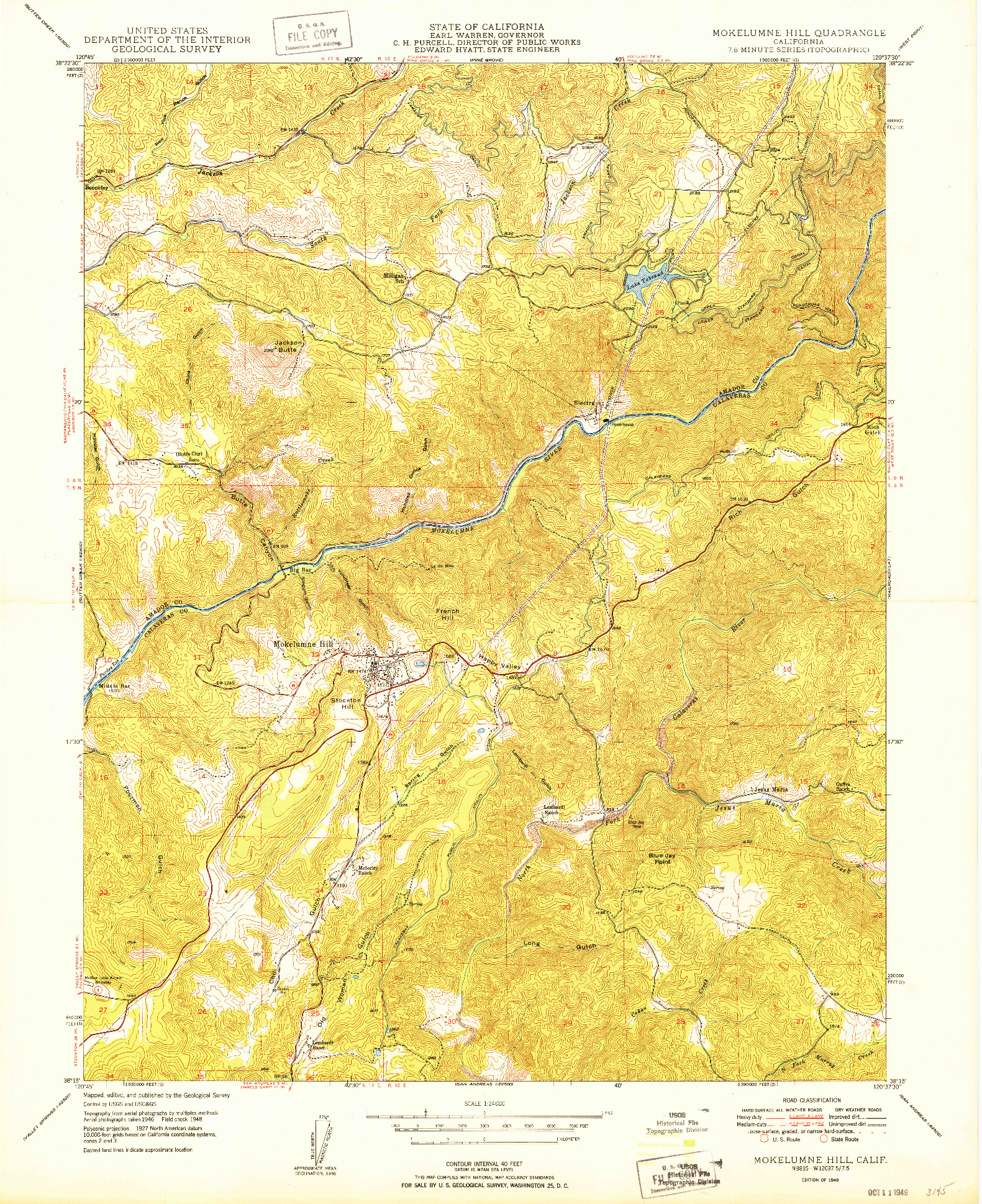 USGS 1:24000-SCALE QUADRANGLE FOR MOKELUMNE HILL, CA 1949