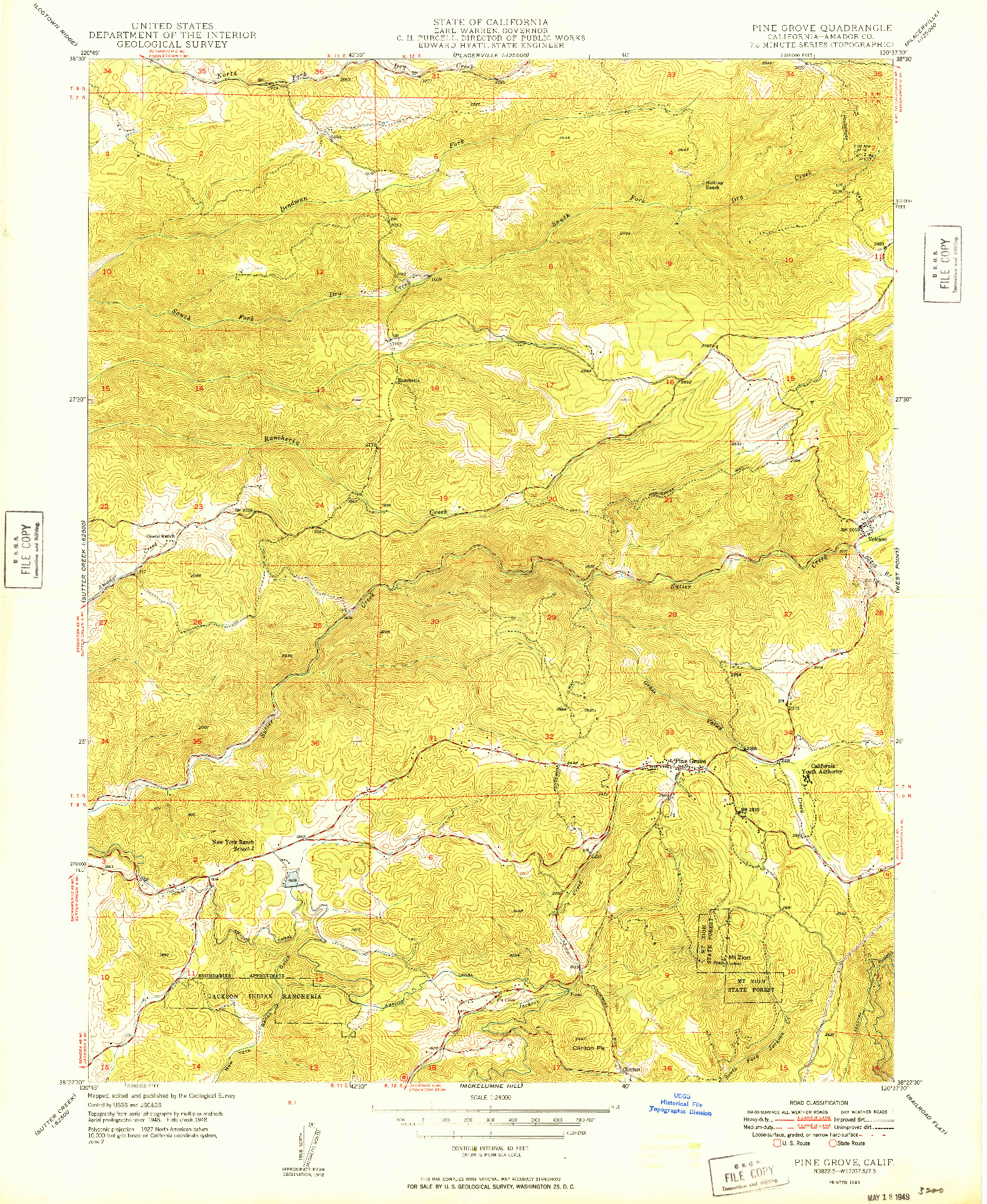 USGS 1:24000-SCALE QUADRANGLE FOR PINE GROVE, CA 1949