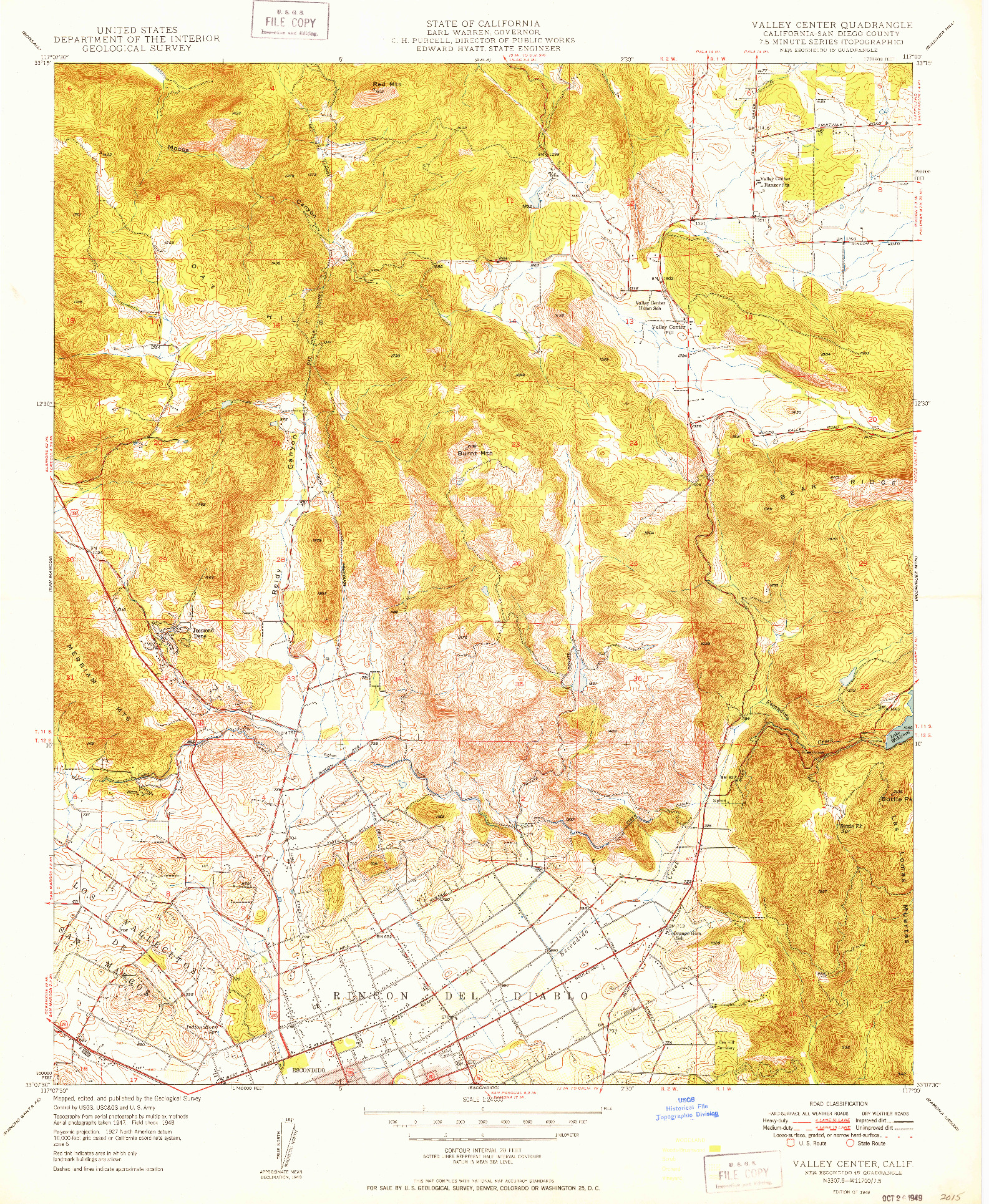 USGS 1:24000-SCALE QUADRANGLE FOR VALLEY CENTER, CA 1949