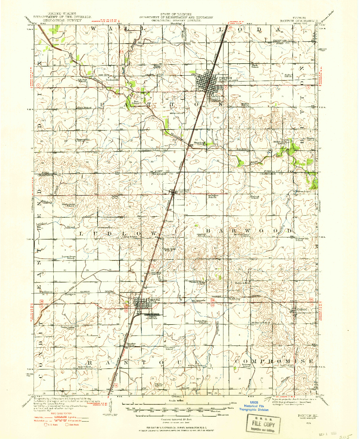 USGS 1:62500-SCALE QUADRANGLE FOR PAXTON, IL 1949