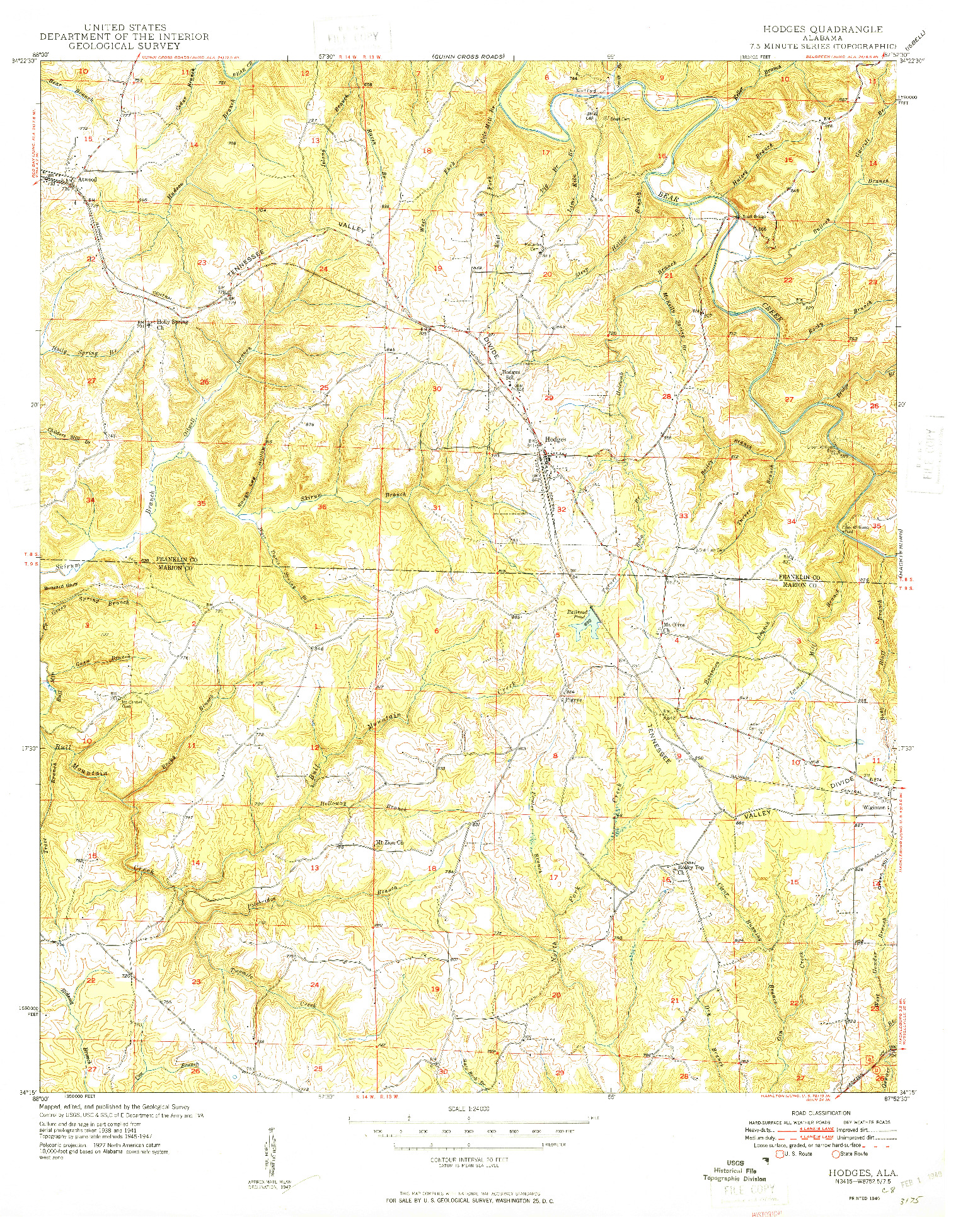 USGS 1:24000-SCALE QUADRANGLE FOR HODGES, AL 1949