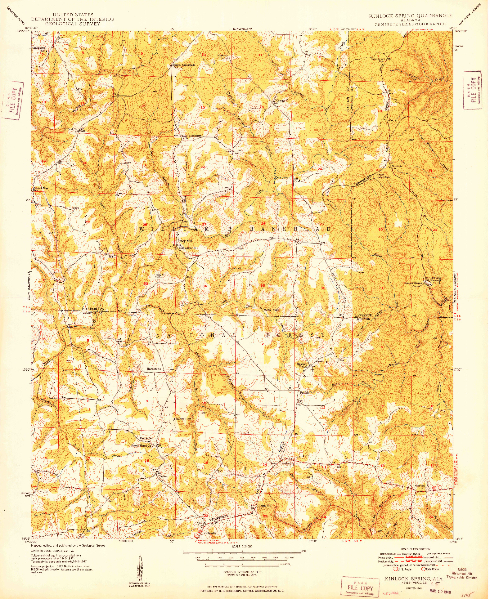 USGS 1:24000-SCALE QUADRANGLE FOR KINLOCK SPRING, AL 1949