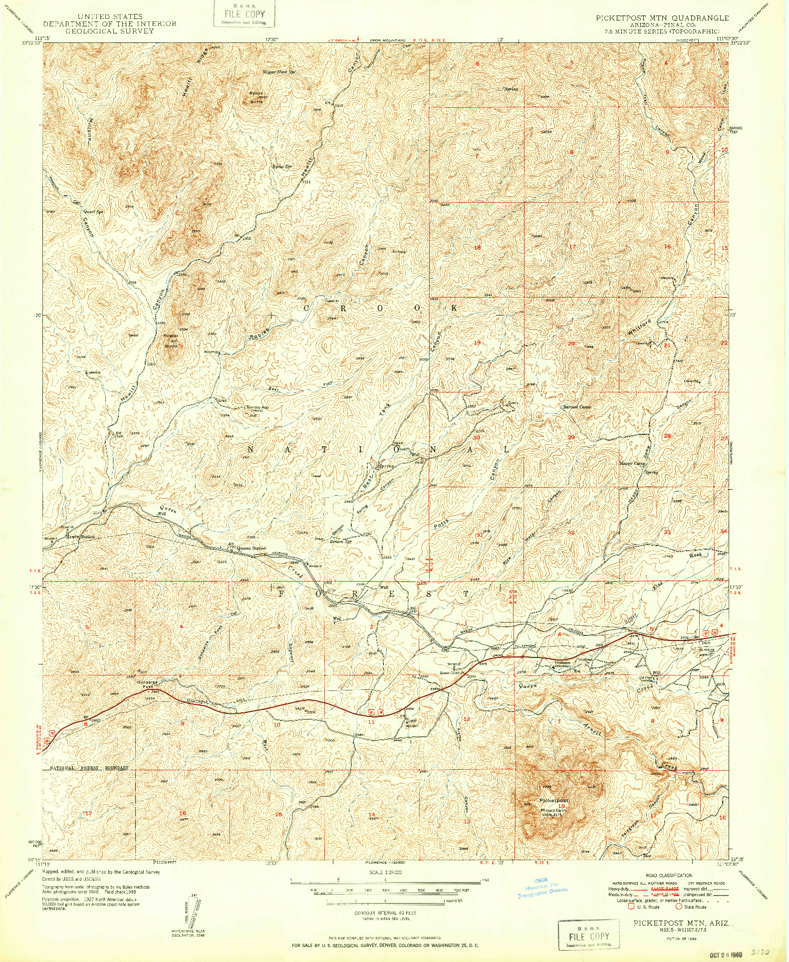 USGS 1:24000-SCALE QUADRANGLE FOR PICKETPOST MTN, AZ 1949