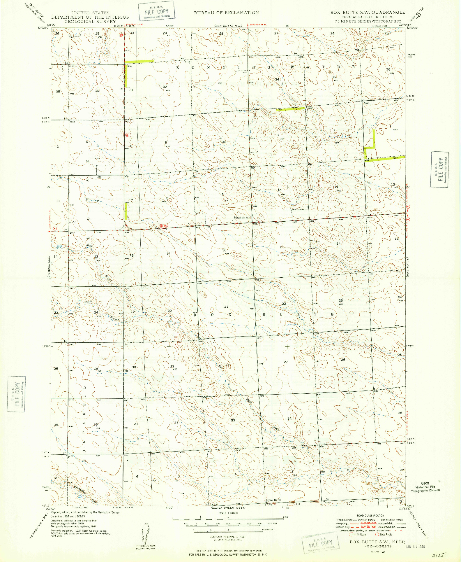 USGS 1:24000-SCALE QUADRANGLE FOR BOX BUTTE SW, NE 1949