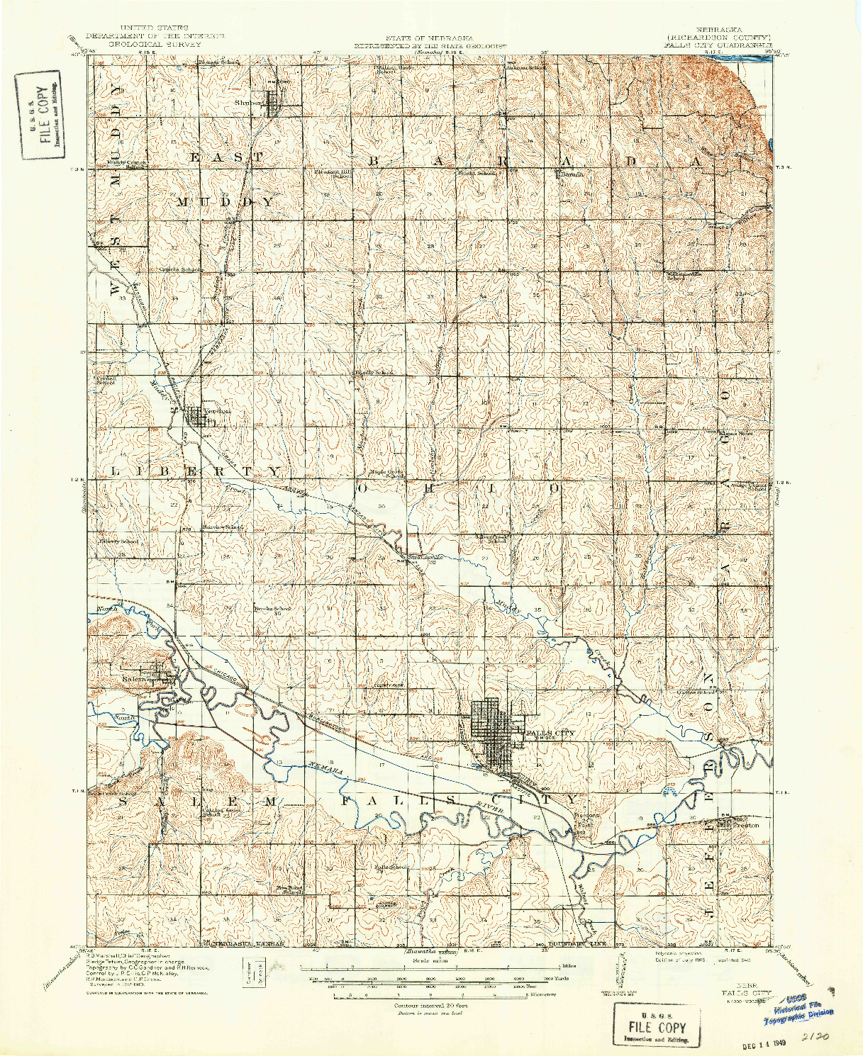 USGS 1:62500-SCALE QUADRANGLE FOR FALLS CITY, NE 1915