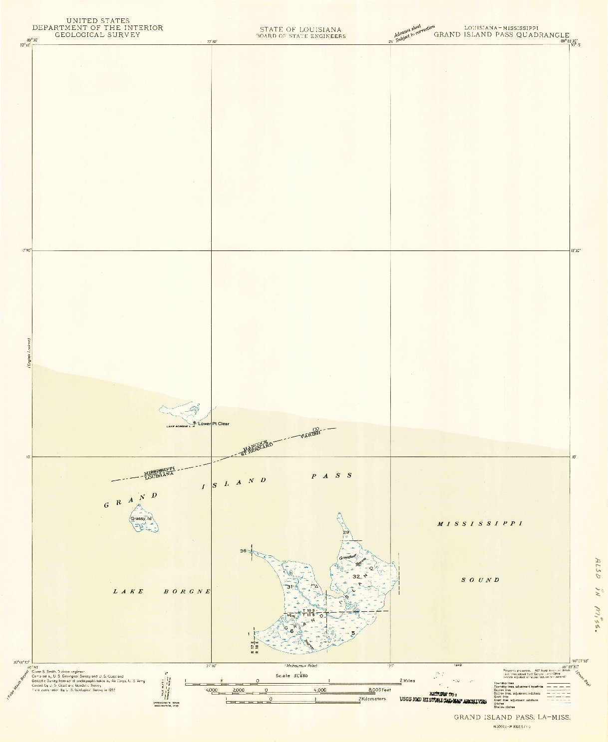 USGS 1:31680-SCALE QUADRANGLE FOR GRAND ISLAND PASS, LA 1949
