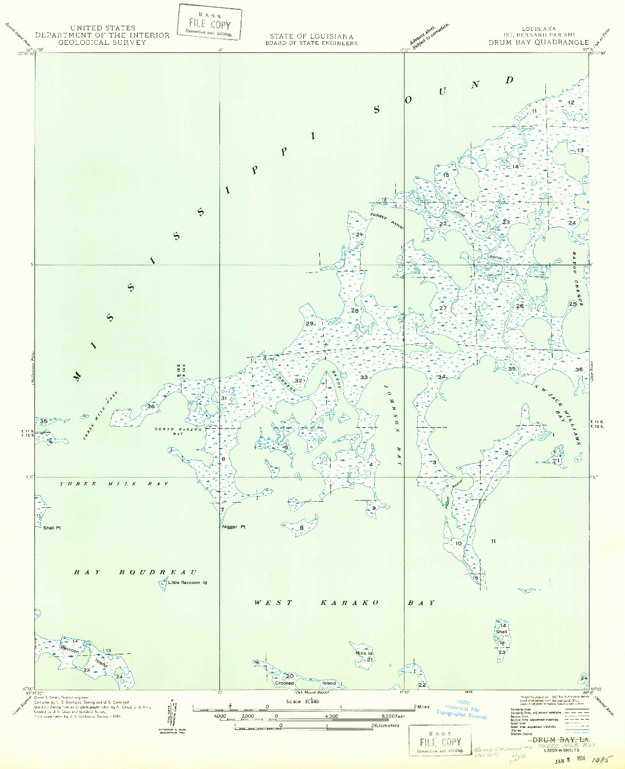 USGS 1:31680-SCALE QUADRANGLE FOR THREE MILE BAY, LA 1949