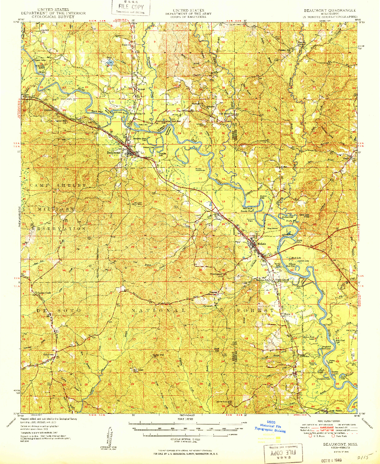 USGS 1:62500-SCALE QUADRANGLE FOR BEAUMONT, MS 1949
