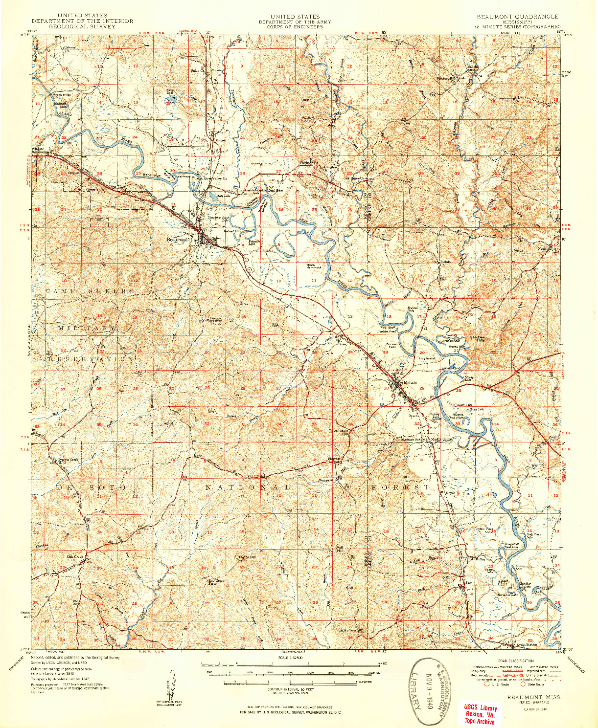 USGS 1:62500-SCALE QUADRANGLE FOR BEAUMONT, MS 1949