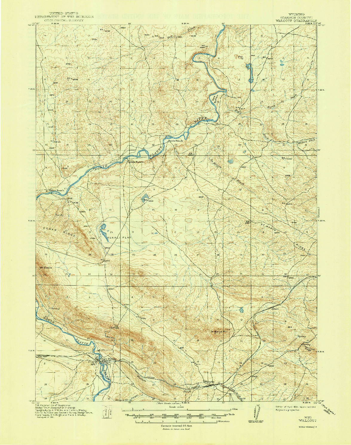 USGS 1:62500-SCALE QUADRANGLE FOR WALCOTT, WY 1914