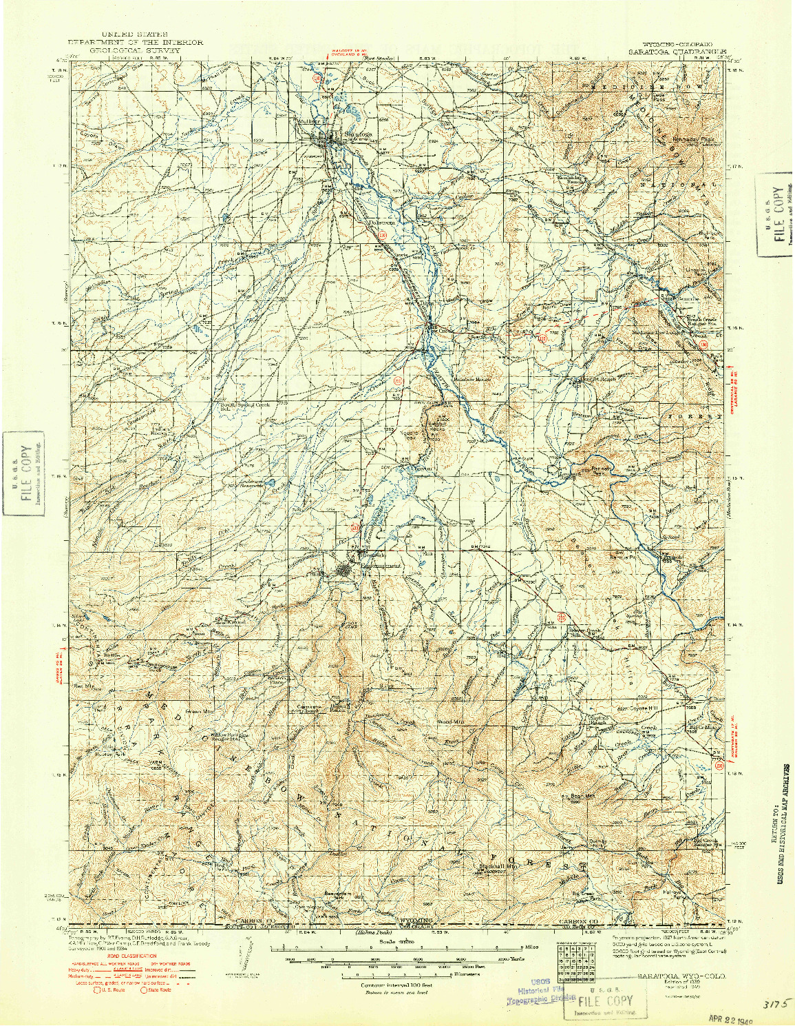 USGS 1:125000-SCALE QUADRANGLE FOR SARATOGA, WY 1939