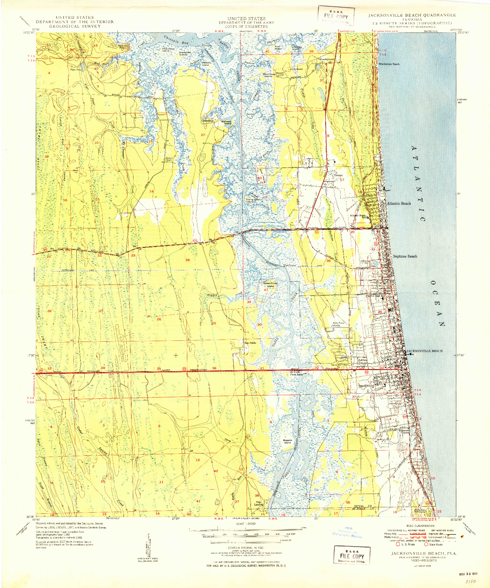 USGS 1:24000-SCALE QUADRANGLE FOR JACKSONVILLE BEACH, FL 1949