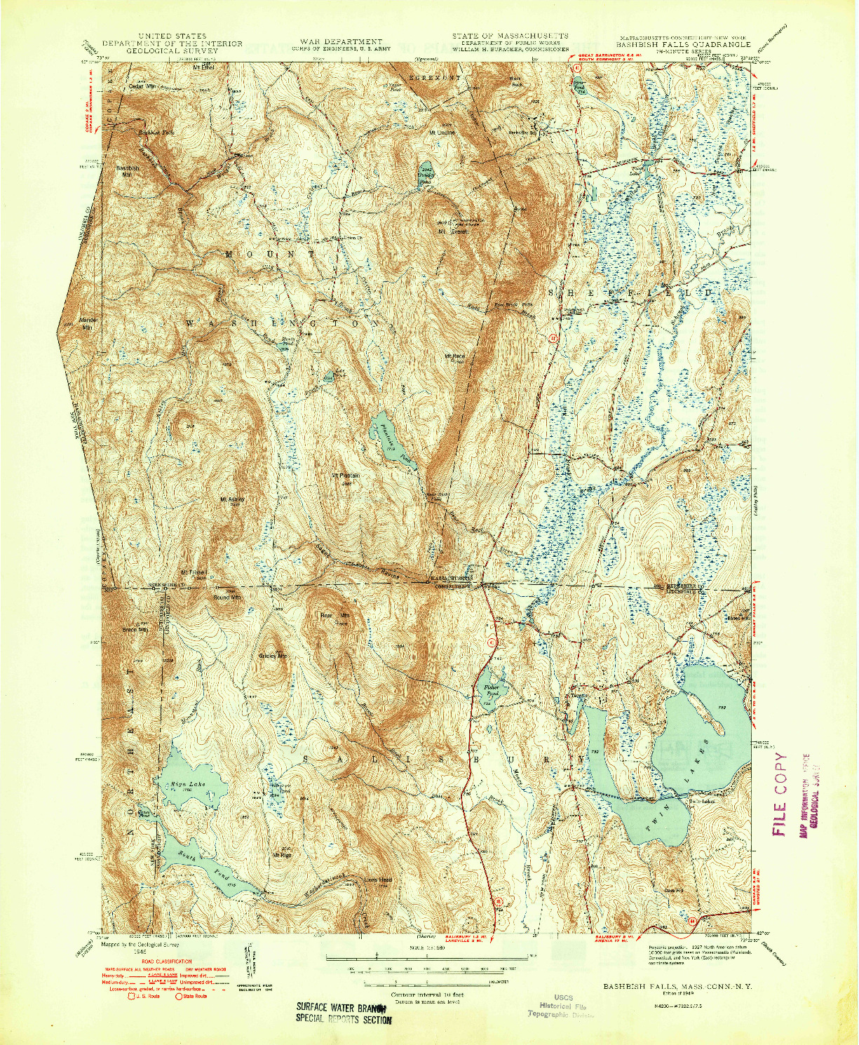 USGS 1:31680-SCALE QUADRANGLE FOR BASHBISH FALLS, MA 1949