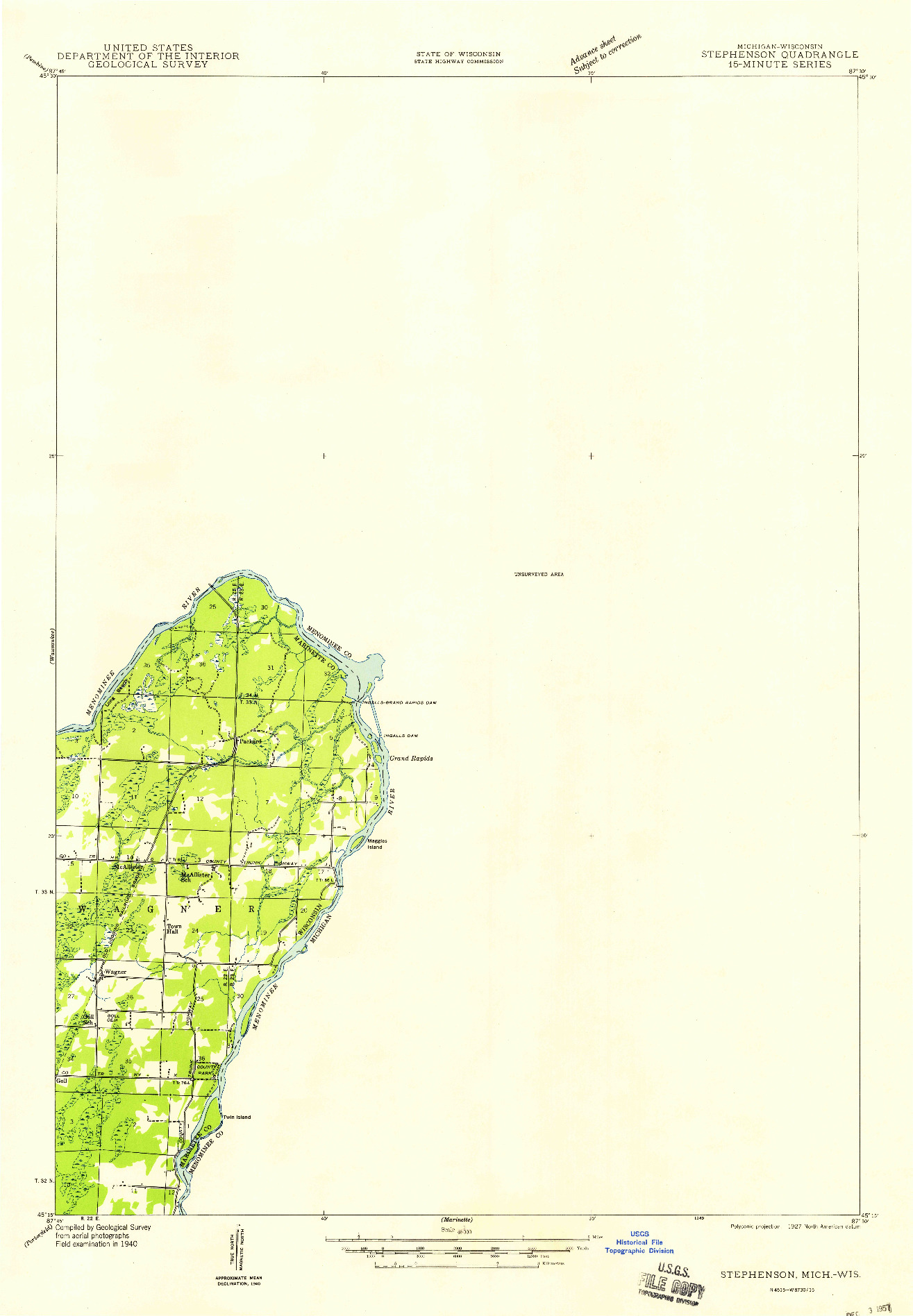USGS 1:48000-SCALE QUADRANGLE FOR STEPHENSON, MI 1949