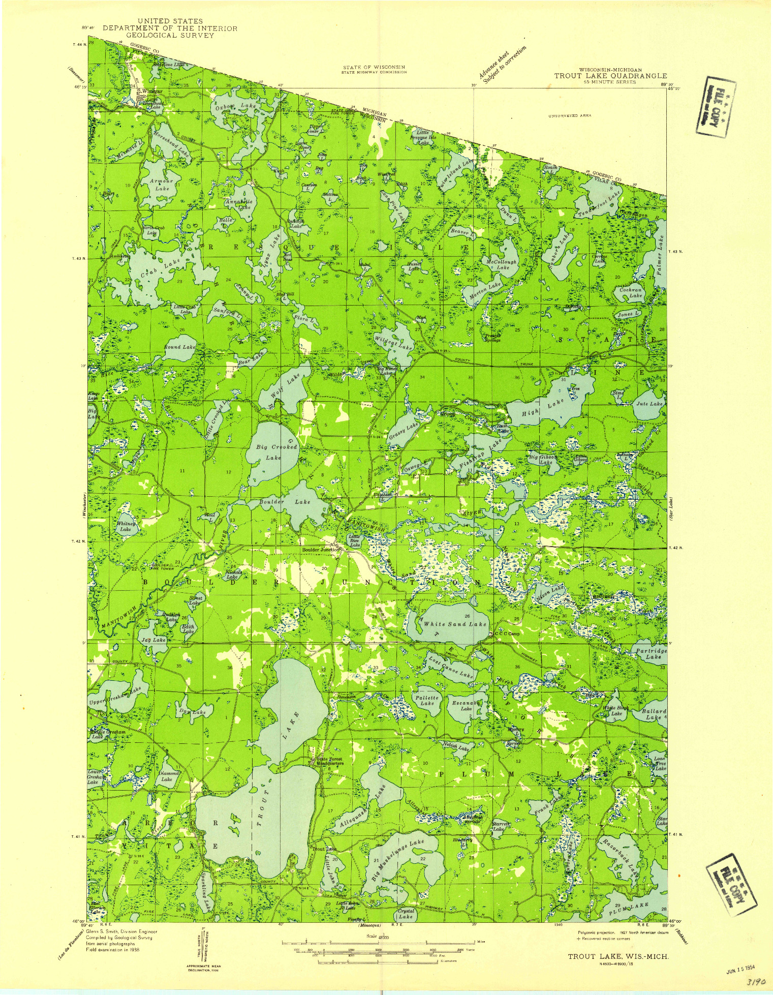 USGS 1:48000-SCALE QUADRANGLE FOR TROUT LAKE, WI 1949