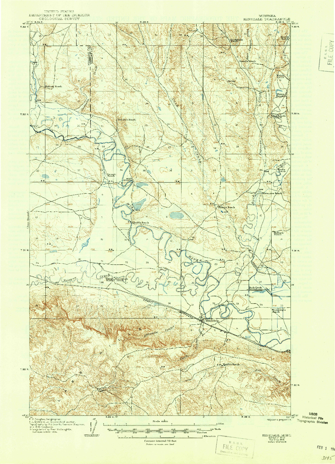USGS 1:62500-SCALE QUADRANGLE FOR HINSDALE, MT 1906