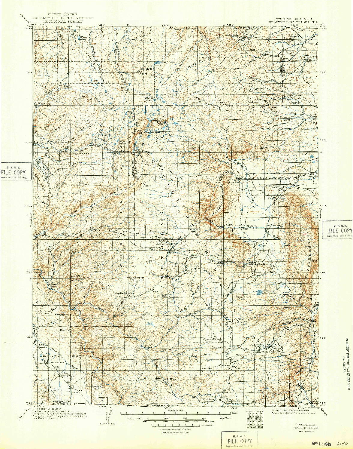 USGS 1:125000-SCALE QUADRANGLE FOR MEDICINE BOW, WY 1908