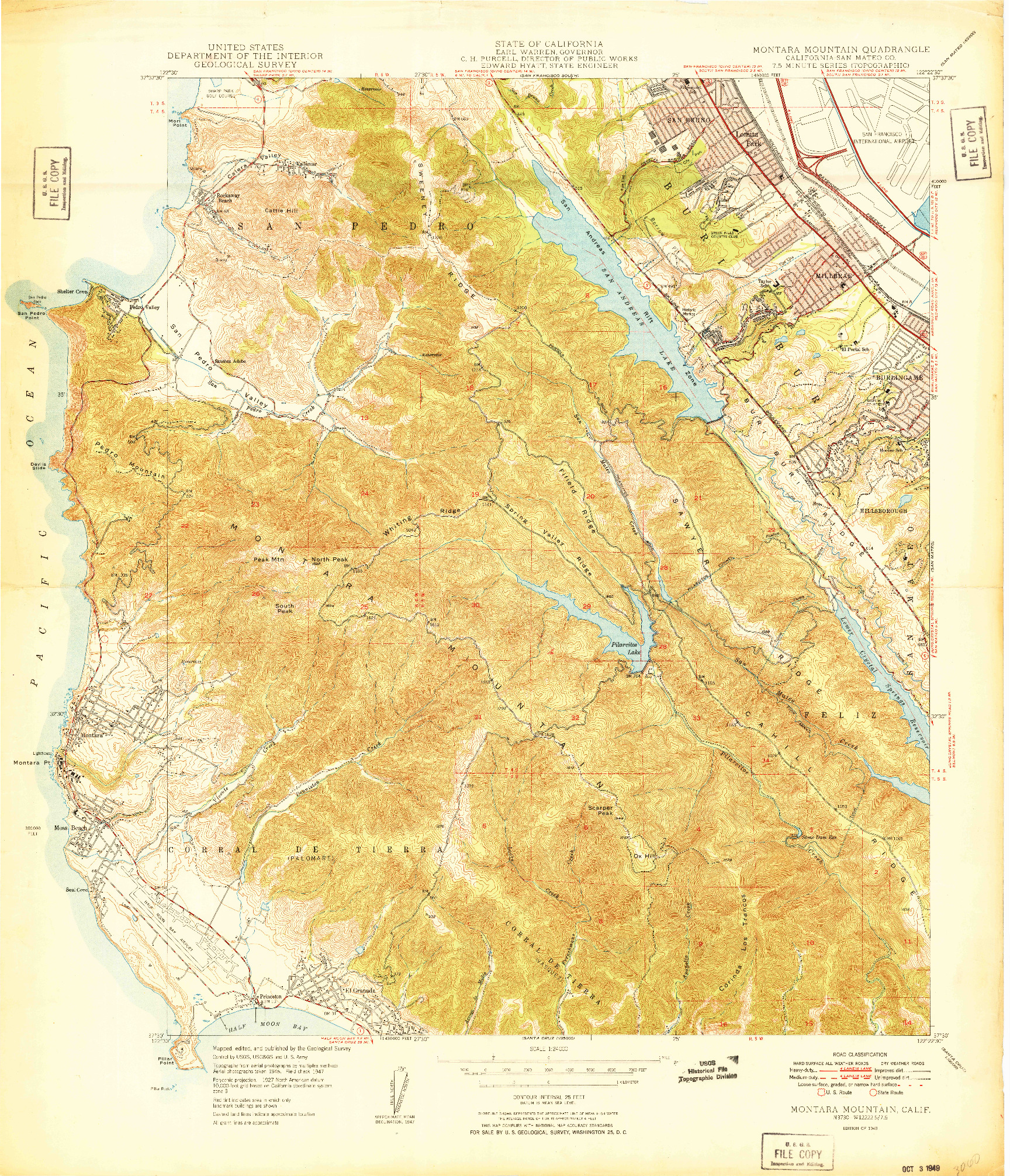 USGS 1:24000-SCALE QUADRANGLE FOR MONTARA MOUNTAIN, CA 1949