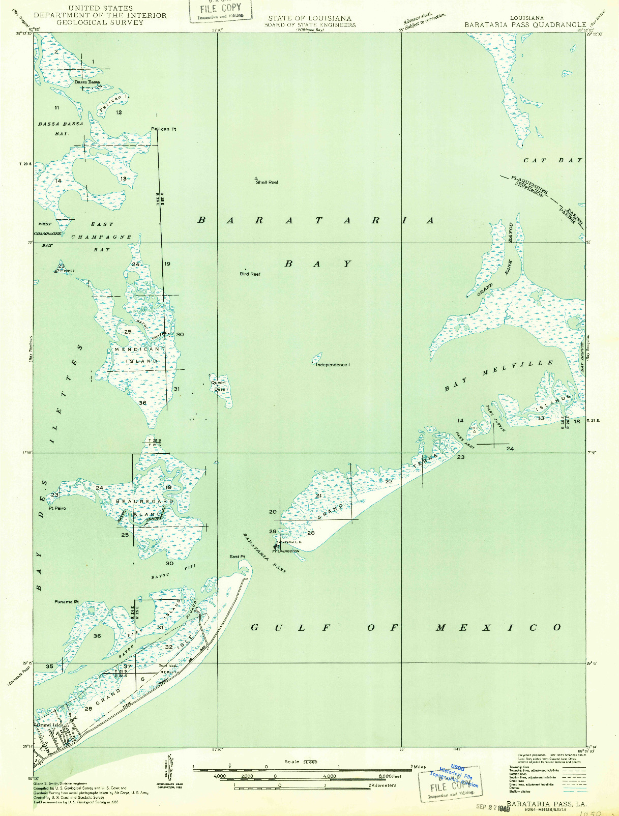 USGS 1:31680-SCALE QUADRANGLE FOR BARATARIA PASS, LA 1949