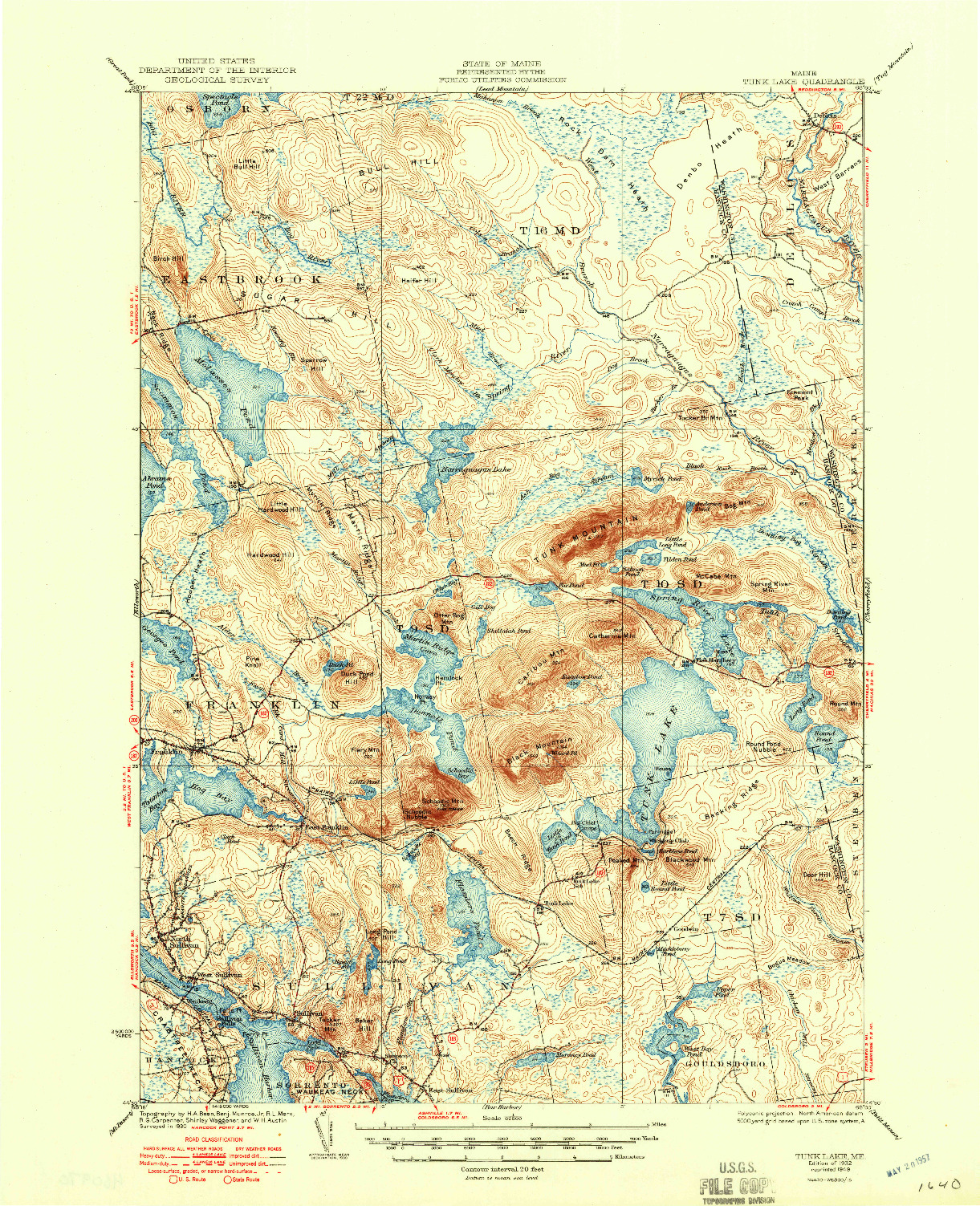 USGS 1:62500-SCALE QUADRANGLE FOR TUNK LAKE, ME 1932