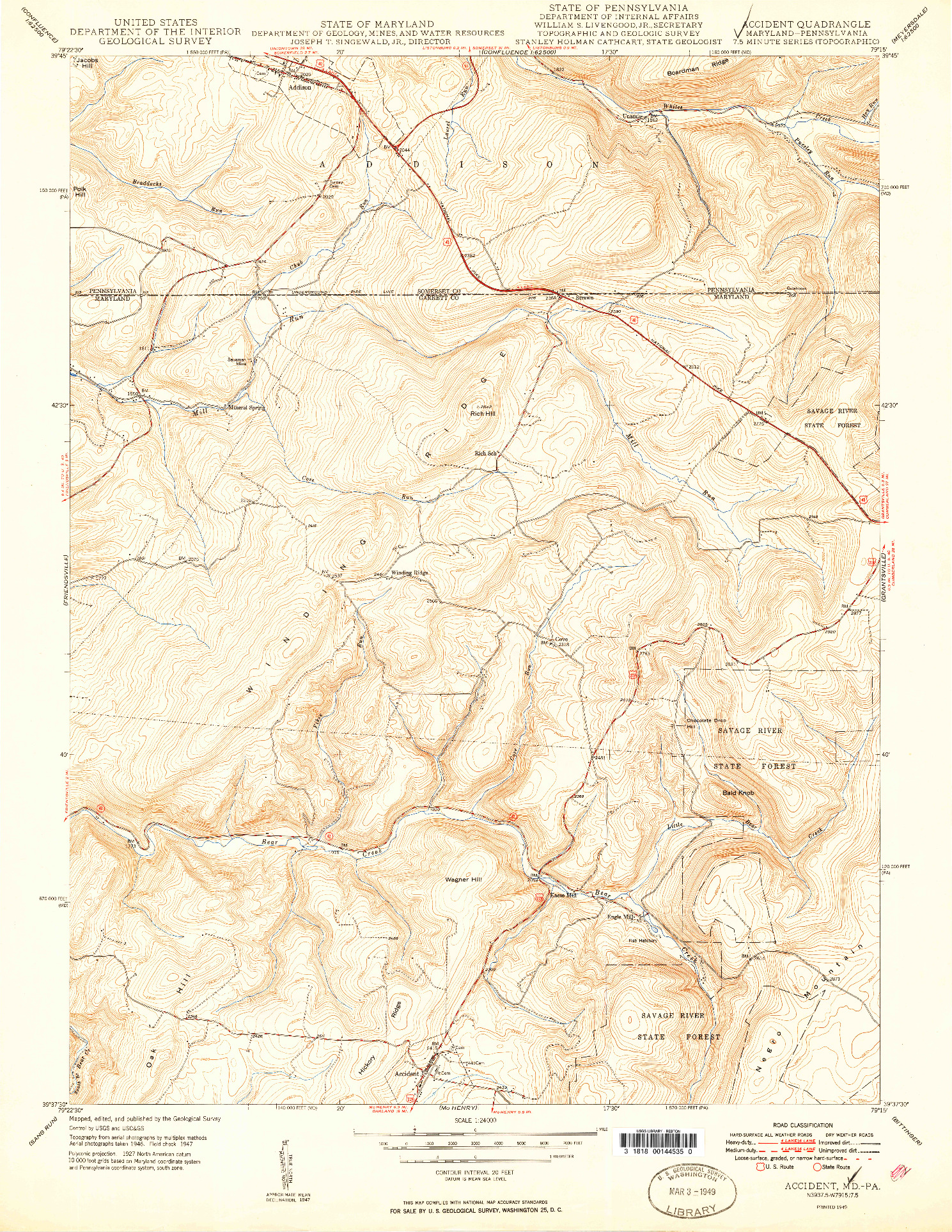 USGS 1:24000-SCALE QUADRANGLE FOR ACCIDENT, MD 1949