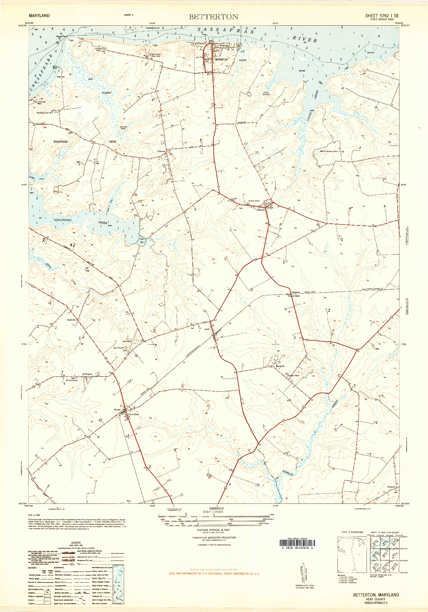 USGS 1:24000-SCALE QUADRANGLE FOR BETTERTON, MD 1948