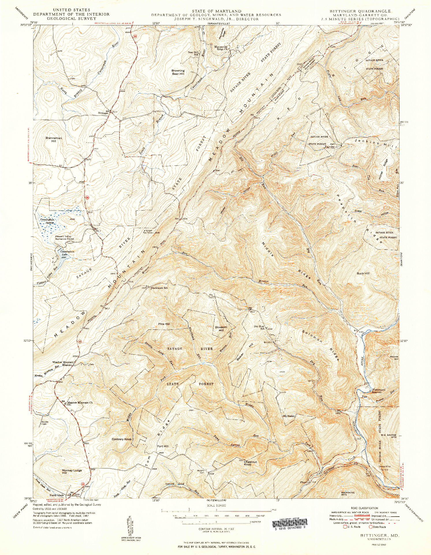 USGS 1:24000-SCALE QUADRANGLE FOR BITTINGER, MD 1949