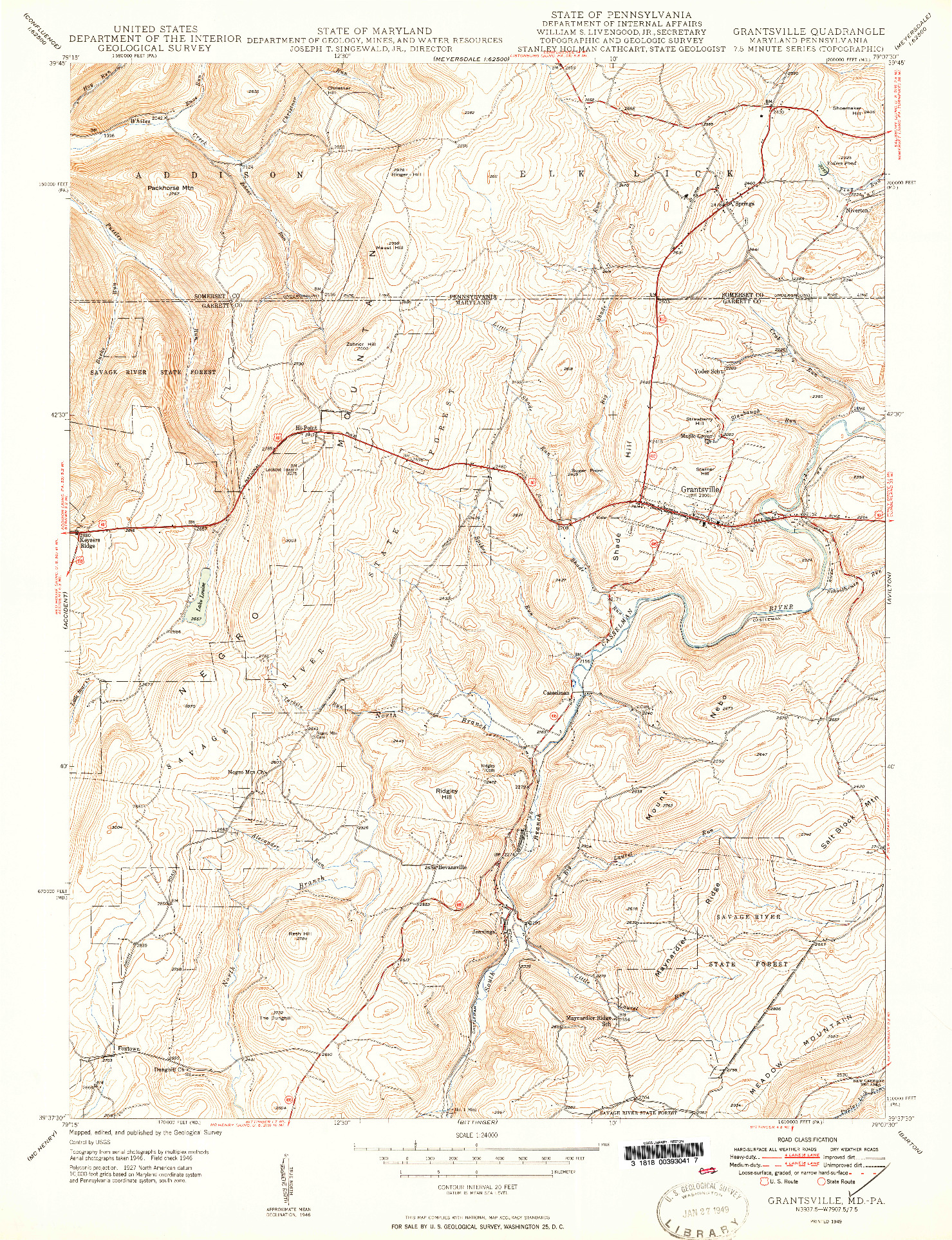 USGS 1:24000-SCALE QUADRANGLE FOR GRANTSVILLE, MD 1949