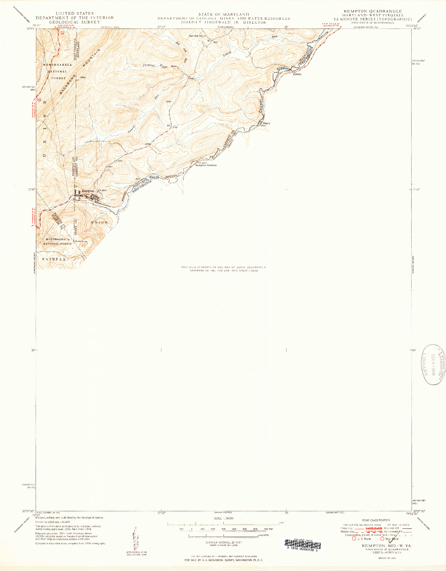 USGS 1:24000-SCALE QUADRANGLE FOR KEMPTON, MD 1949